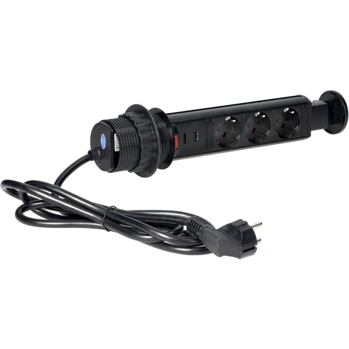 Bloco de tomadas de encastrar Pop-Up (Ø63mm) 3x Schuko + 2xUSB - cabo de 1.8m - Preto