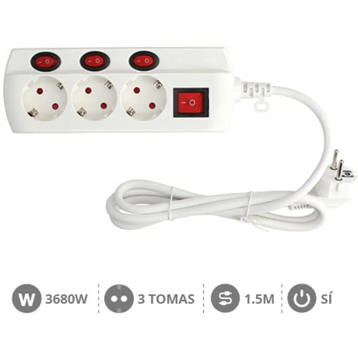 Bloco de 3 tomadas c/ interruptor geral + individuais + disjuntor - cabo (3x1.5mm²) 1.5m