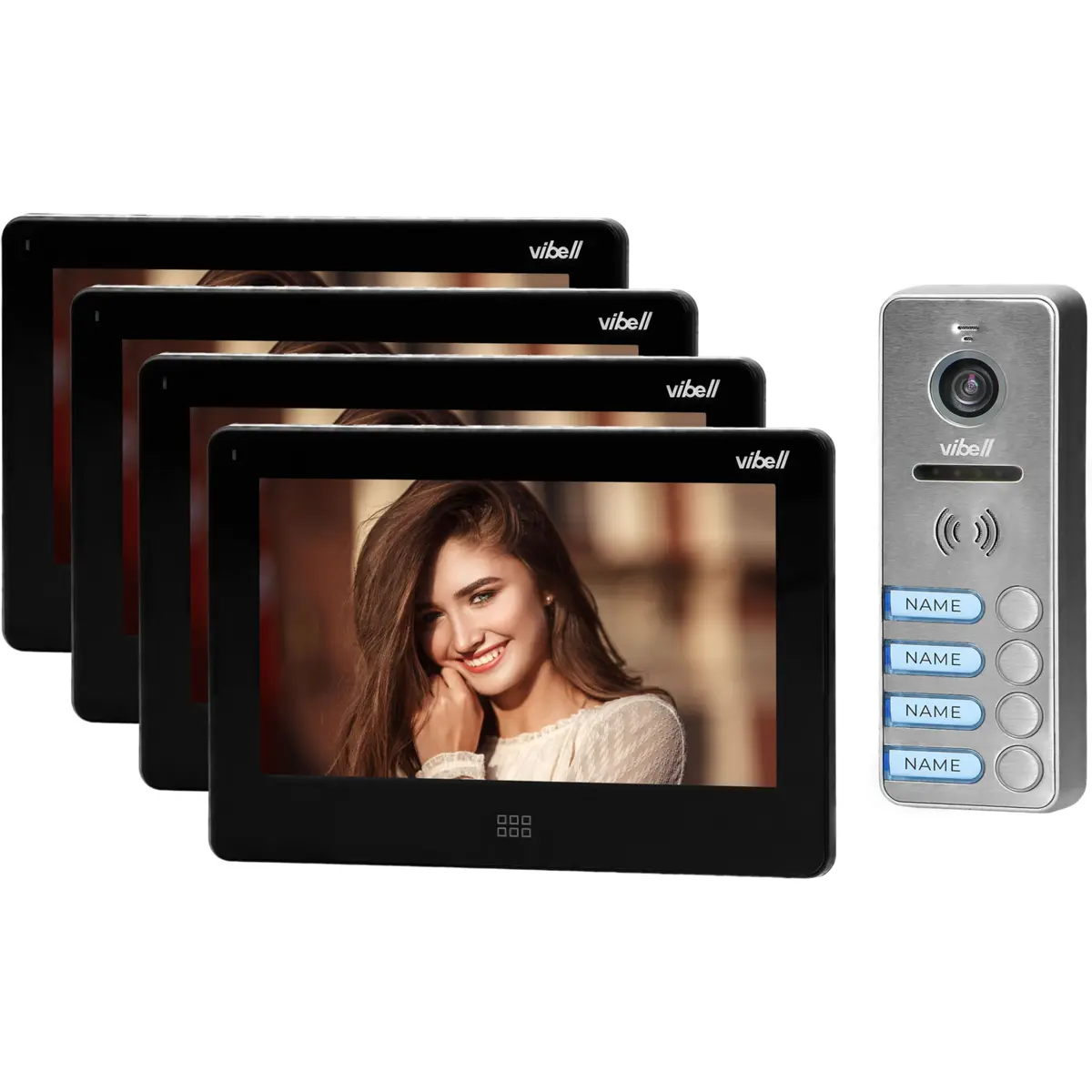 Video-porteiro com ecrã 7'' SD+ DVR p/ 4 apartamentos - preto