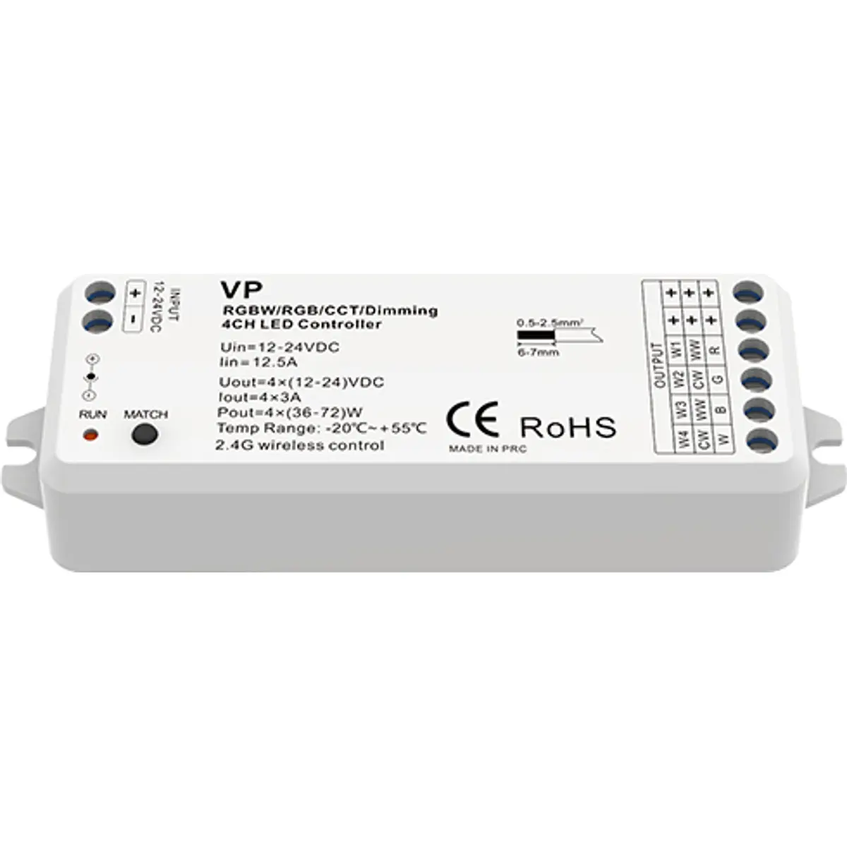 Controlador RF (RGBW / RGB / CCT / Dimming) 12-24Vdc 144-288W - 4 canais