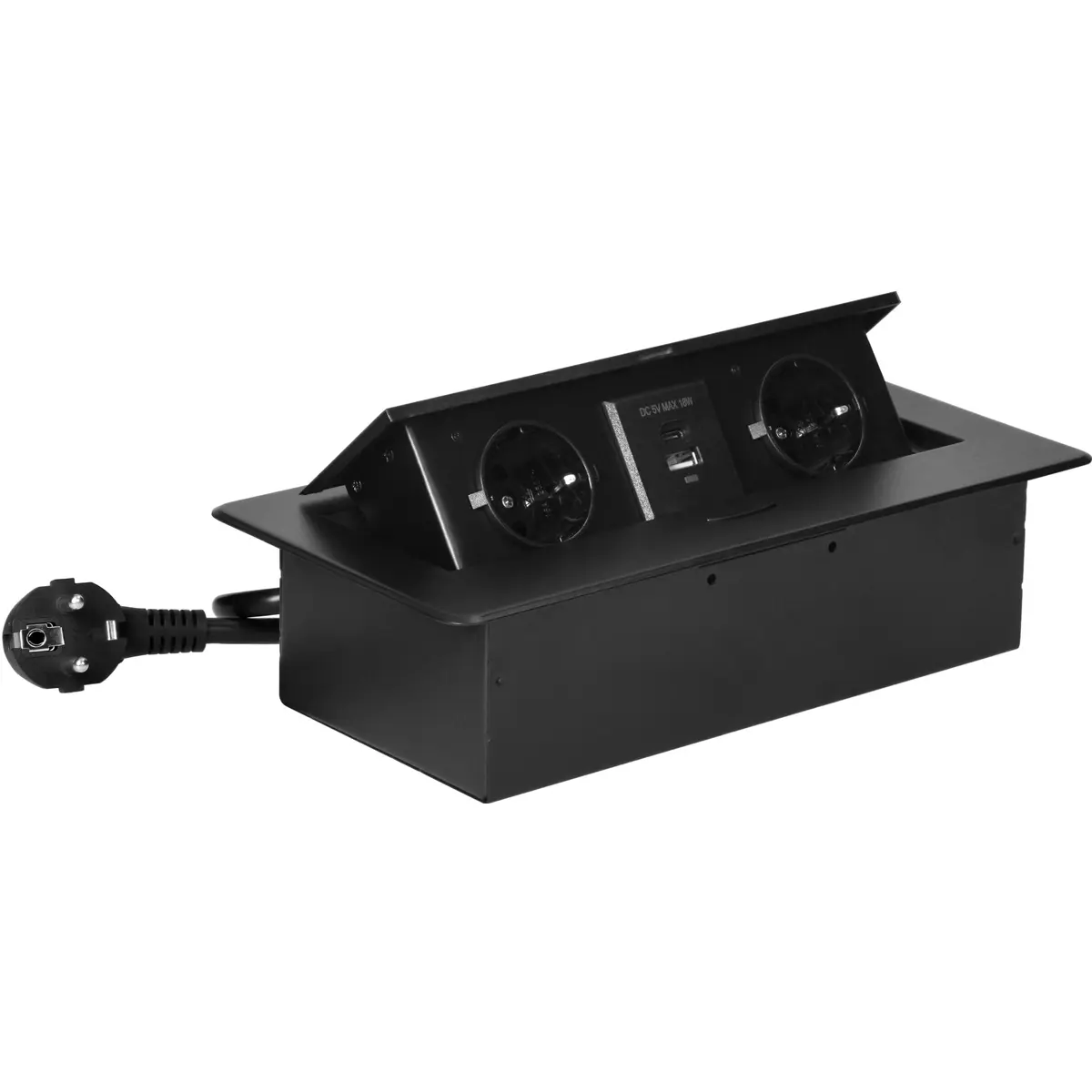 Bloco de tomadas de encastrar Flip-Top Push 2x Schuko + 1xUSB-A + 1x USB-C cabo de 1.5m - Preto