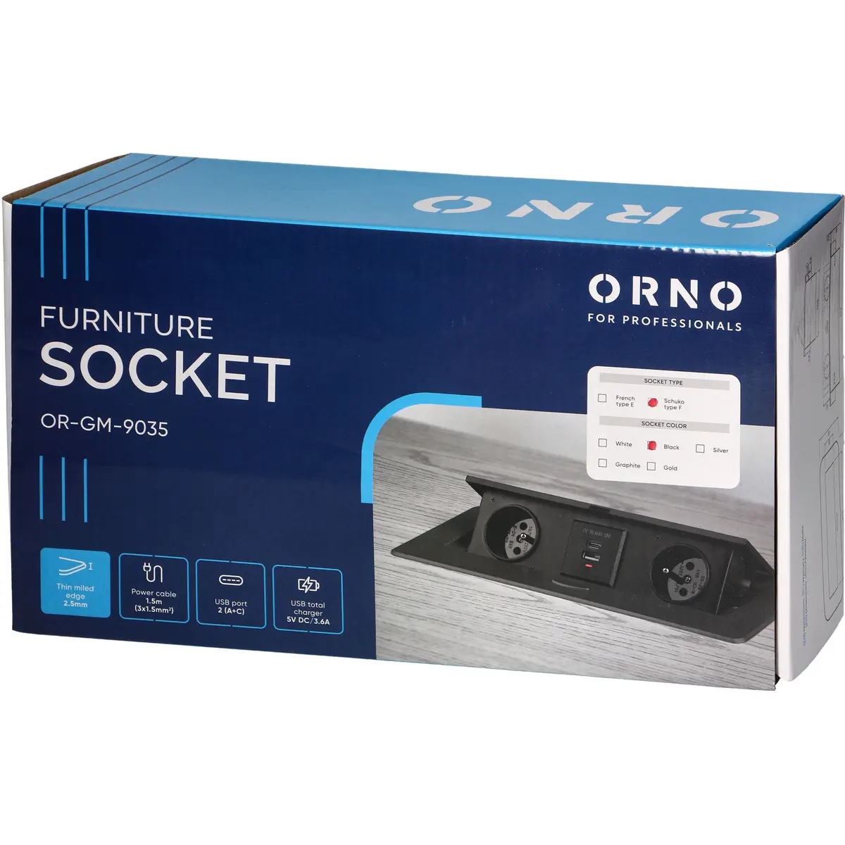 Bloco de tomadas de encastrar Flip-Top Push 2x Schuko + 1xUSB-A + 1x USB-C cabo de 1.5m - Preto