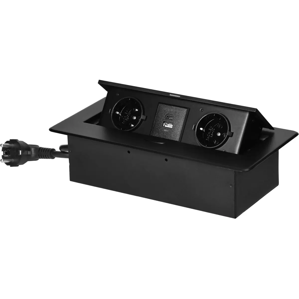 Bloco de tomadas de encastrar Flip-Top Push 2x Schuko + 1xUSB-A + 1x USB-C cabo de 1.5m - Preto