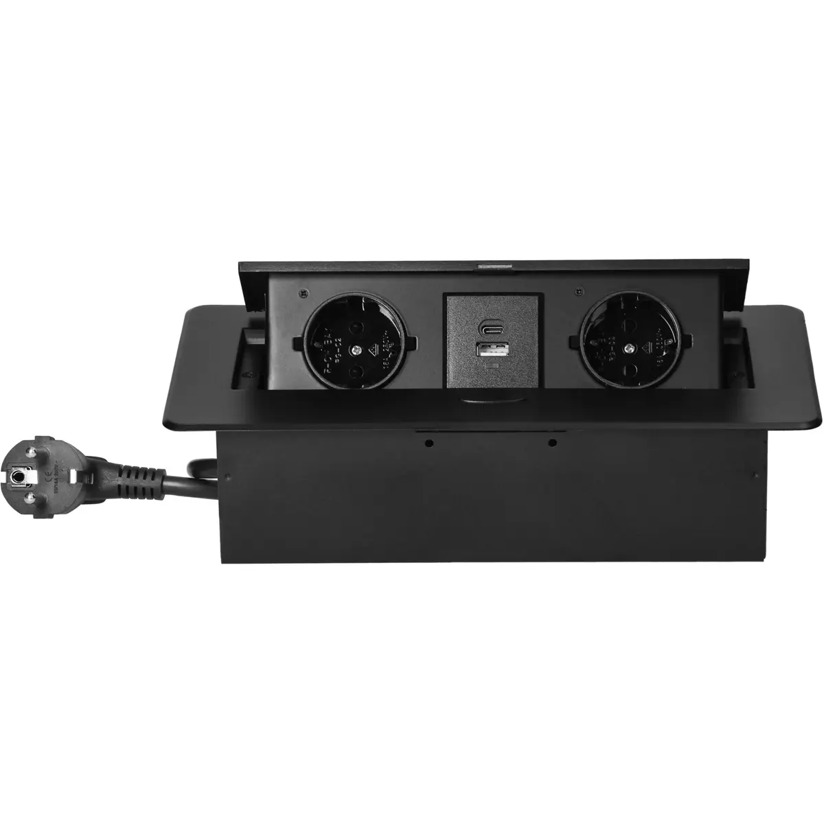 Bloco de tomadas de encastrar Flip-Top Push 2x Schuko + 1xUSB-A + 1x USB-C cabo de 1.5m - Preto