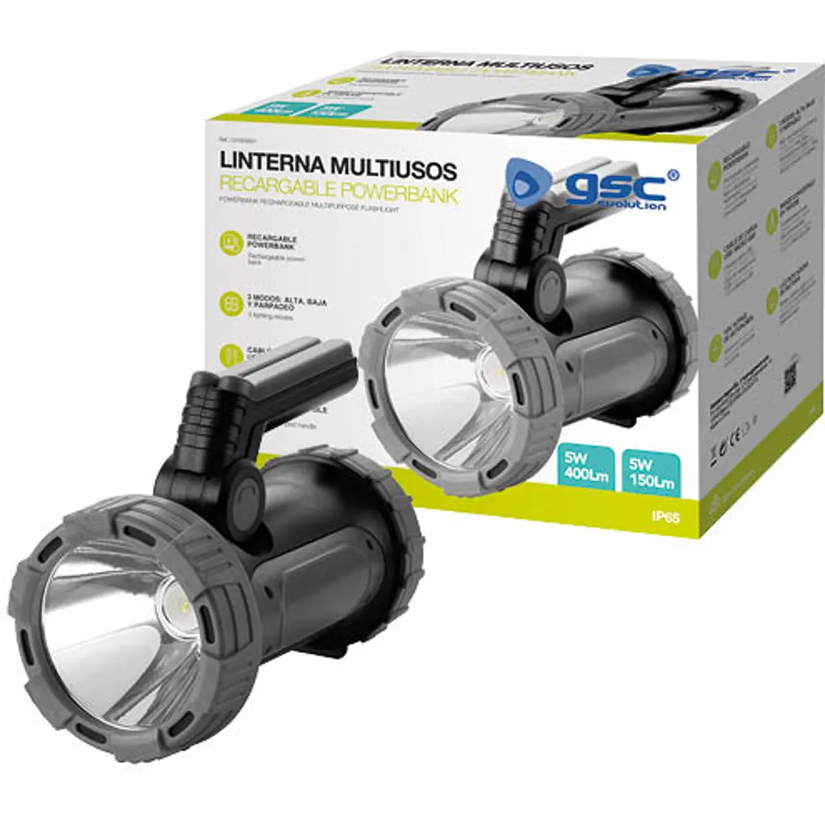 Lanterna LED projectora 5W LED + 5W COB recarregável c/ powerbank USB