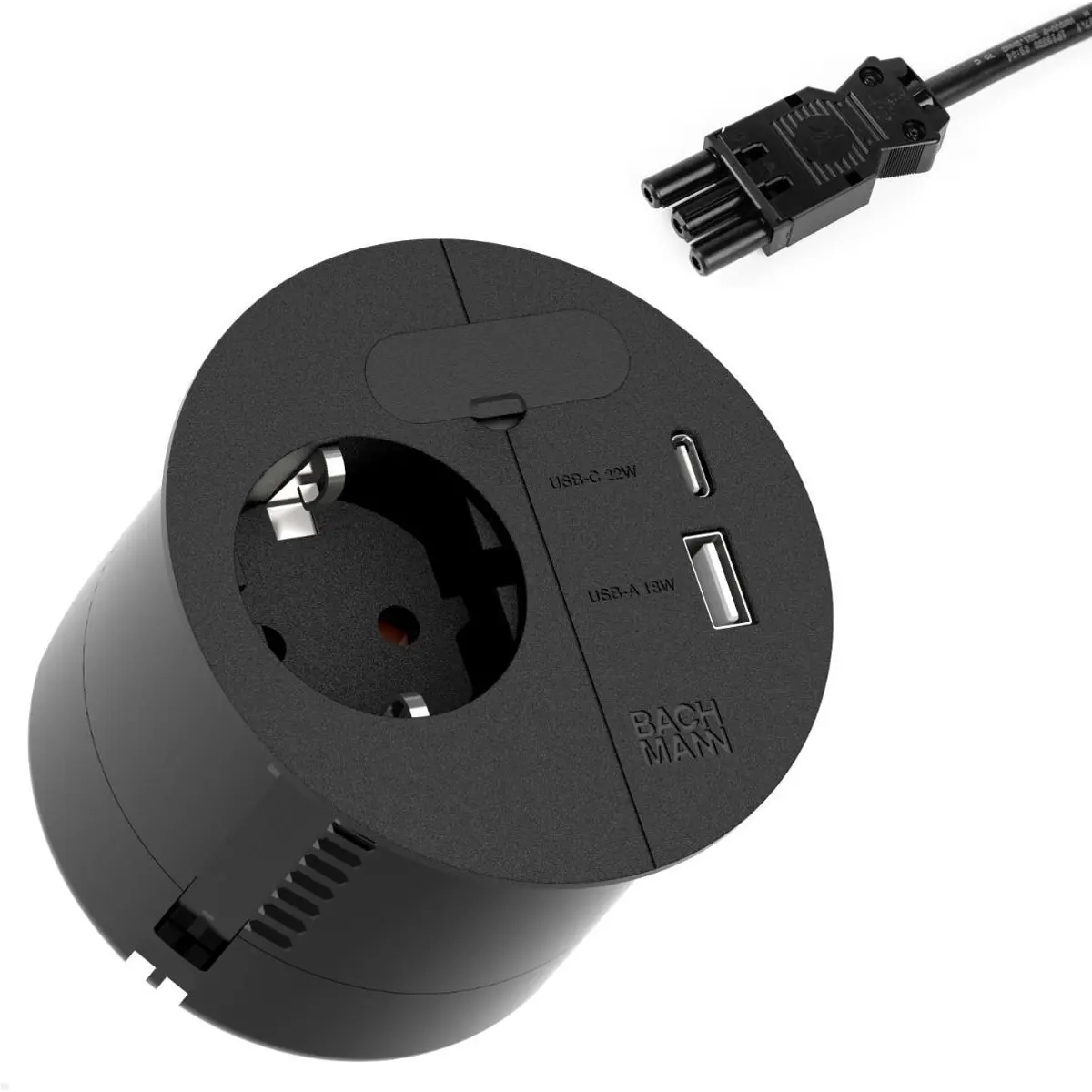 Bloco de tomadas de encastrar (Ø80mm) 1x Schuko + 1x USB-A + 1x USB-C PD + Passa fios - Preto