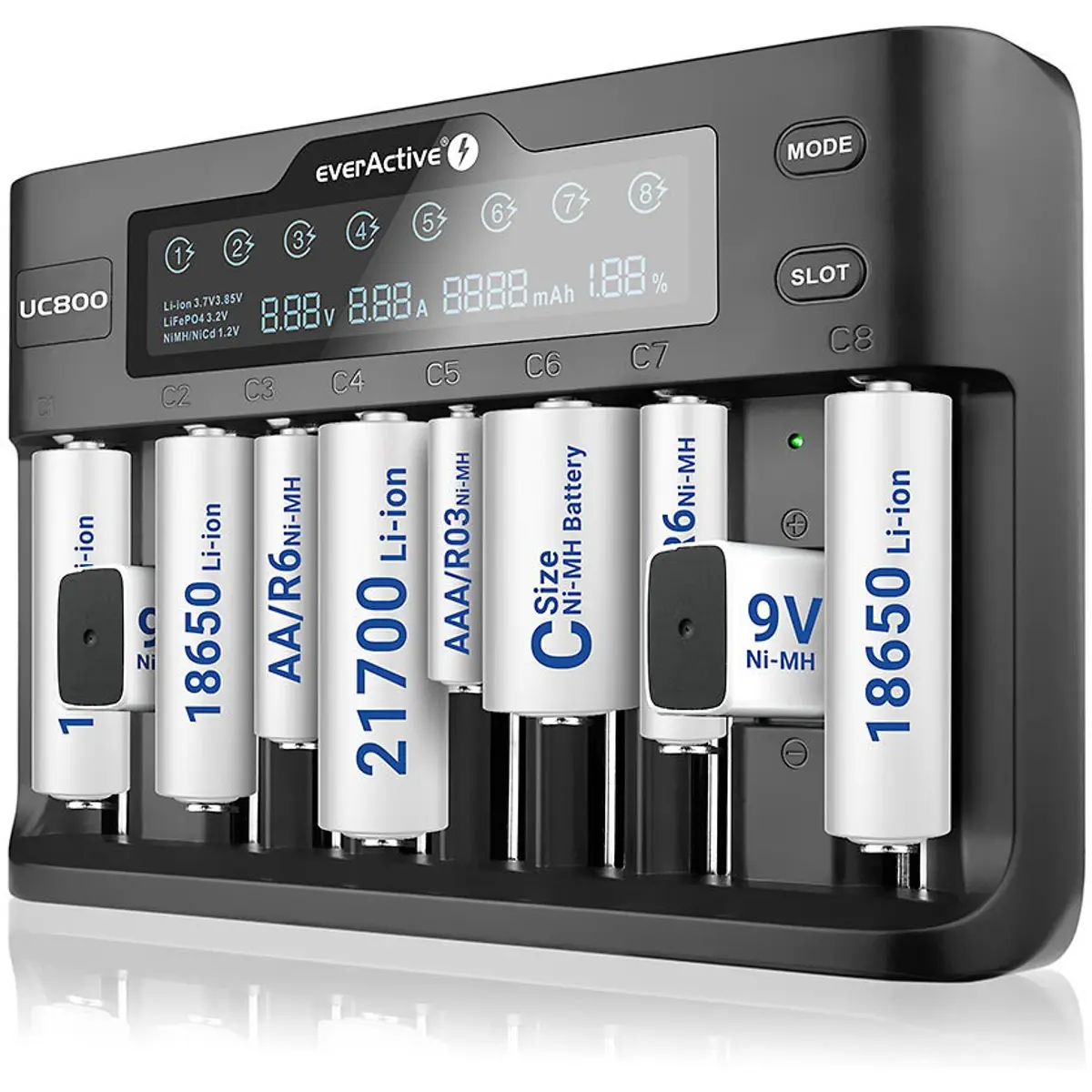 Carregador inteligente multibaterias íons de lítio / Li-FePO4 / Li-HV / Ni-MH e cilíndricas 9 V