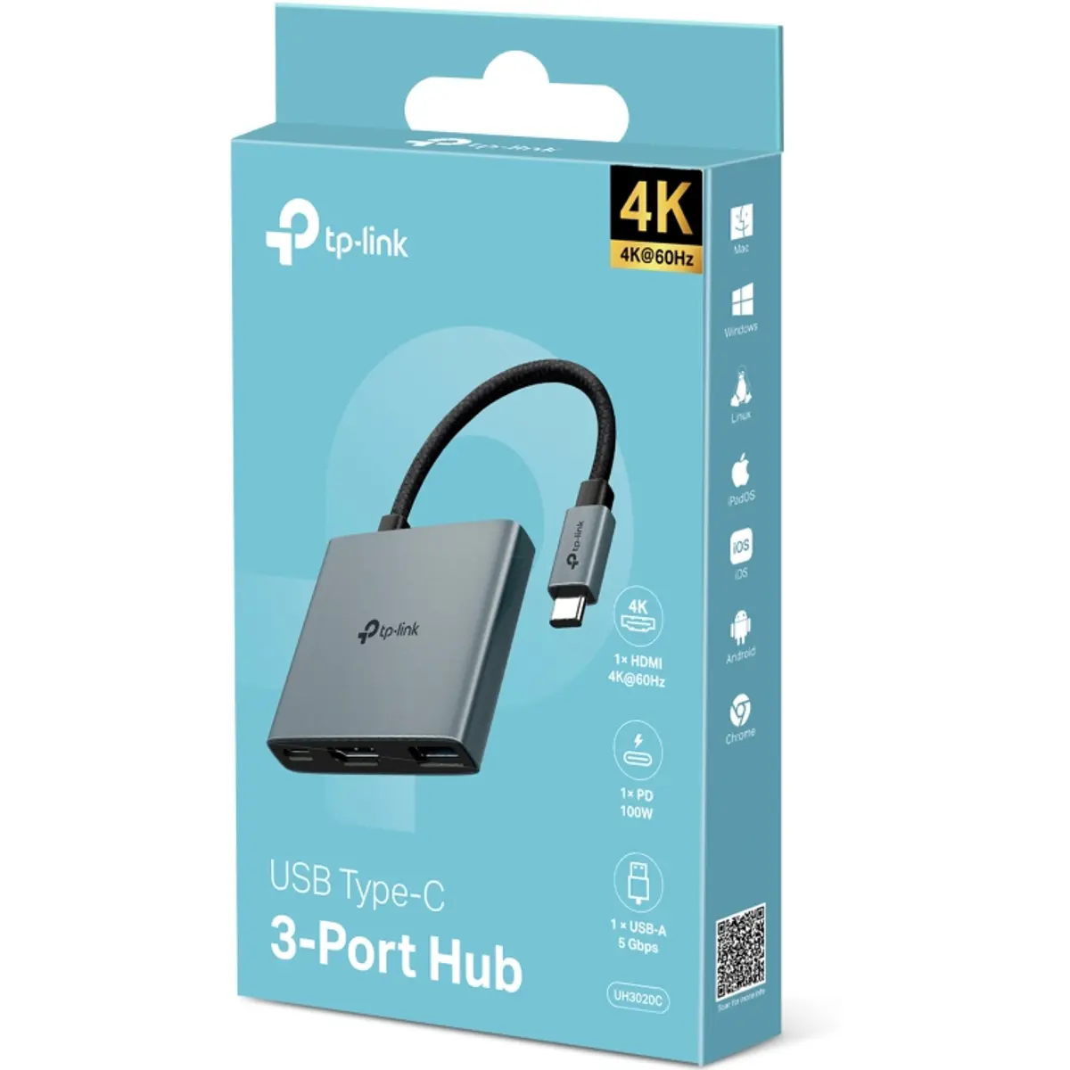 Hub USB Type-C 3 em 1, com HDMI 4K@60Hz, USB-A 3.0 e PD 100W