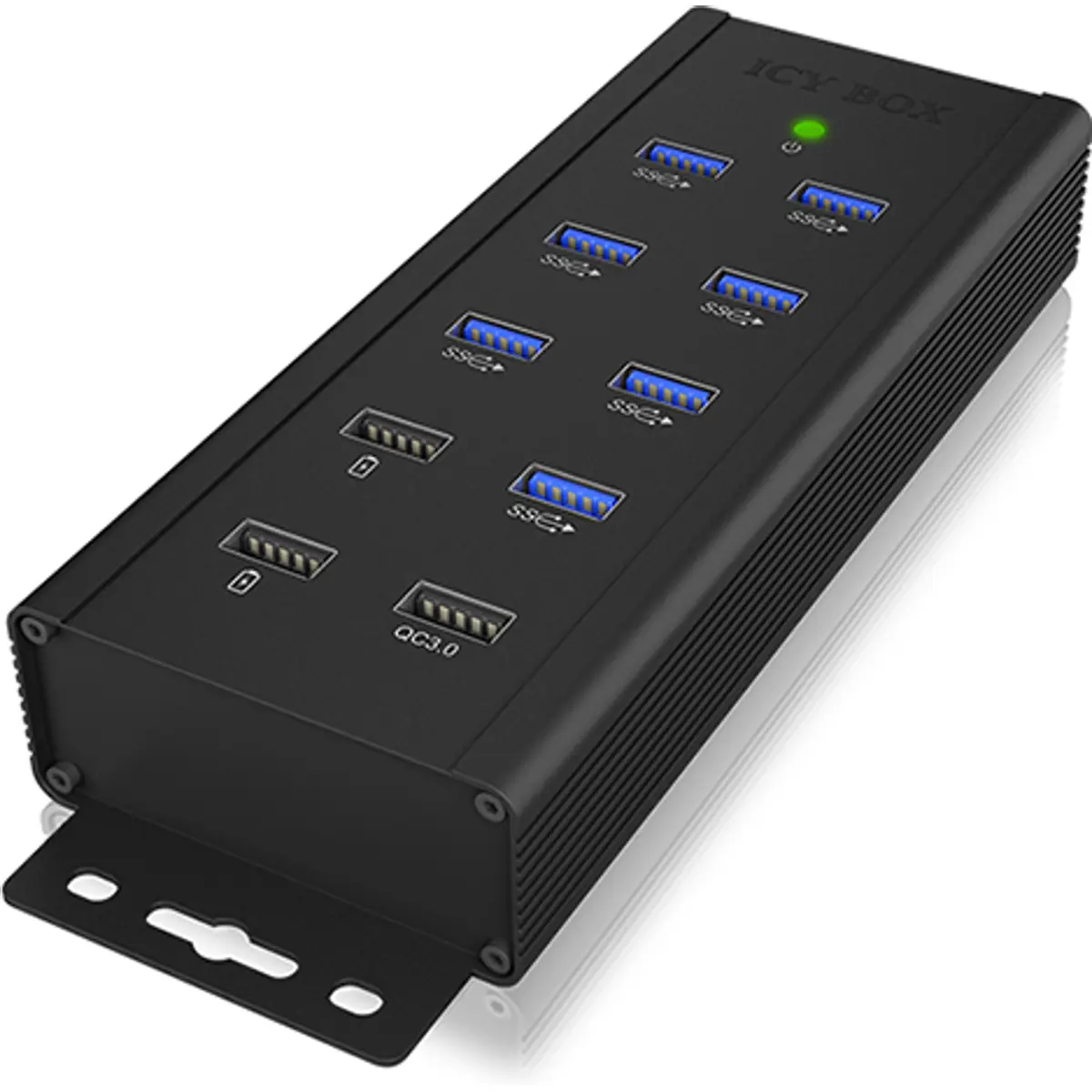 HUB USB 3.2 con 10 puertos (7x USB-A; 1x QC 3.0; 2x BC 1.2) con cable USB y adaptador 12V