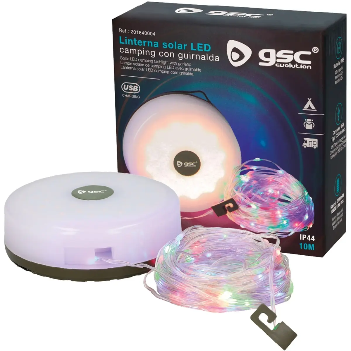 Lanterna solar LED de campismo 3W 150lm c/ grinalda 10m - recarregável via USB-C