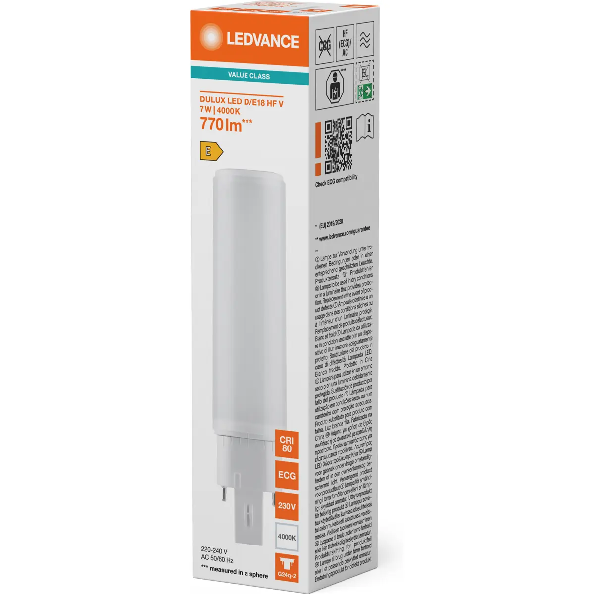 Lâmpada LED tipo PL G24Q-2 4 pinos 7W (=18W/840) 770lm 4000K (branco neutro)