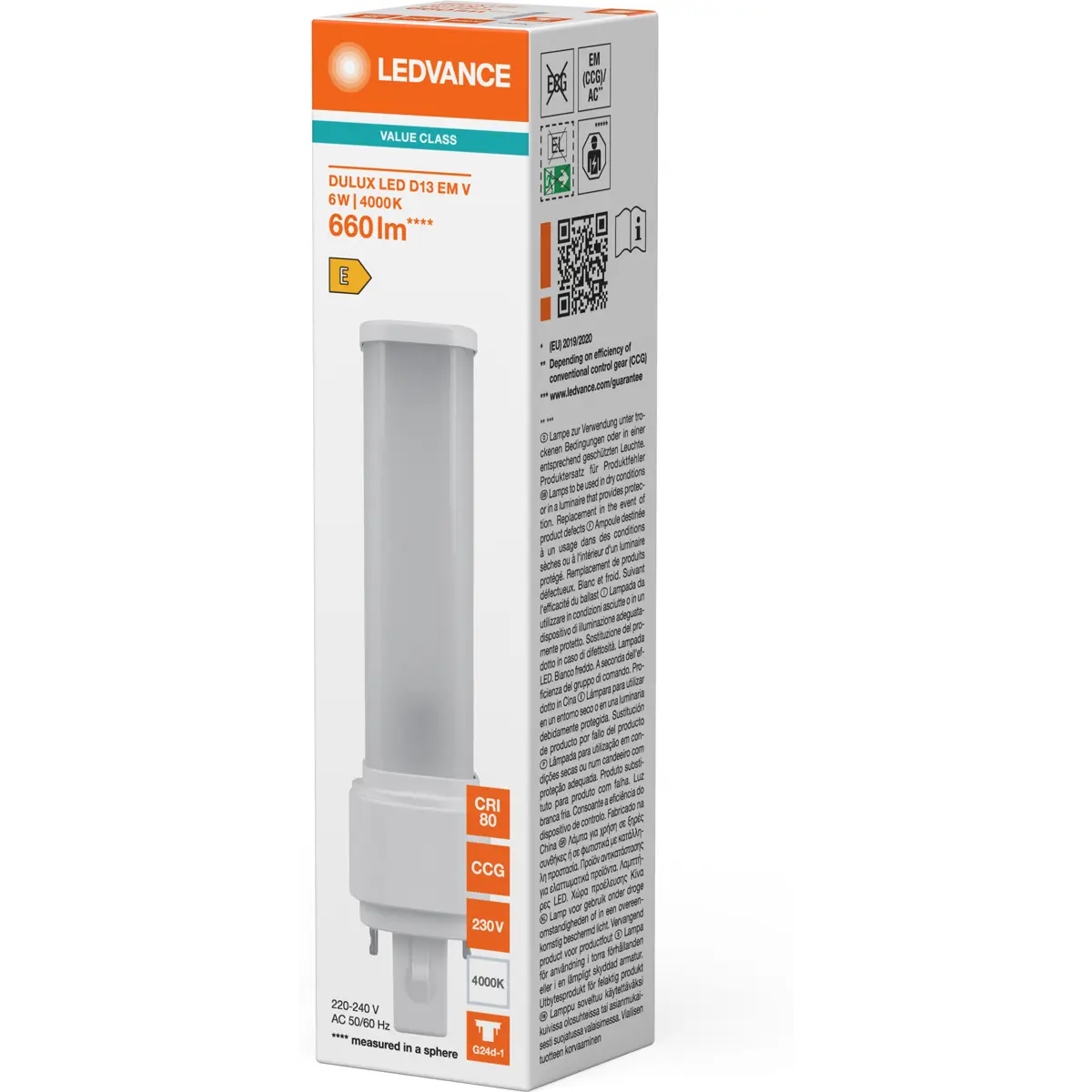 Lâmpada LED tipo PL G24d-1 2 pinos 6W (=10W/840) 660lm 4000K (branco neutro)