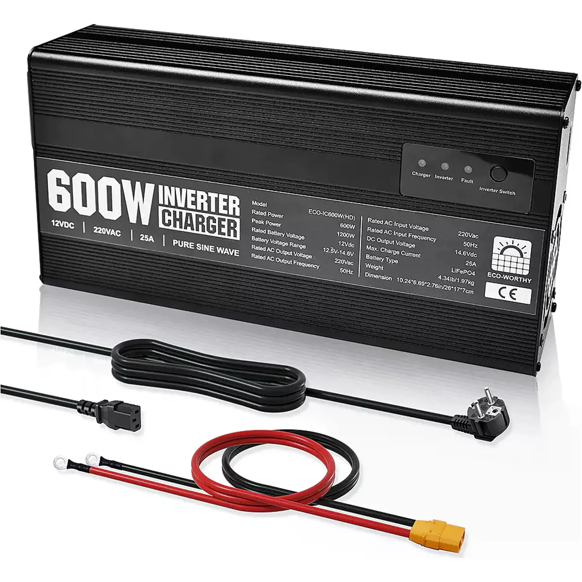 Carregador LiFePO4 25A c/ inversor de Onda Pura 600W/1200W (função UPS)