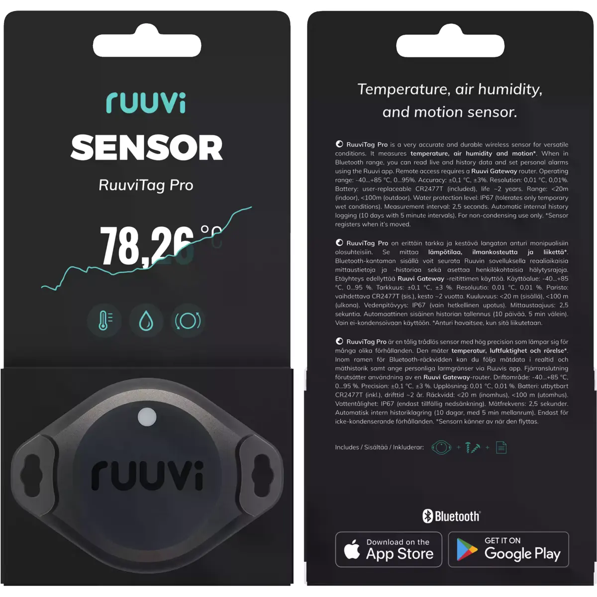 Sensor ambiental Bluetooth 4-em-1 (Temp. + Humidade + Pressão Atmos. + Movimento) IP67