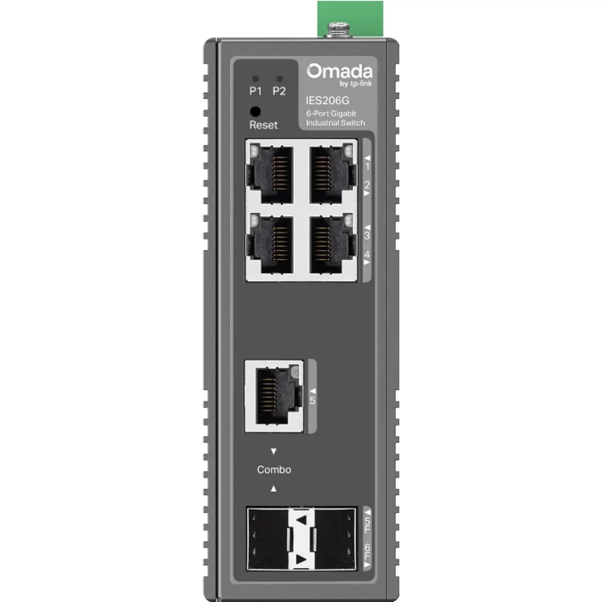 Switch industrial 6P (4× RJ45 / 1x SFP Combo / 1x SFP) Gigabit gerenciável p/ calha DIN ou parede