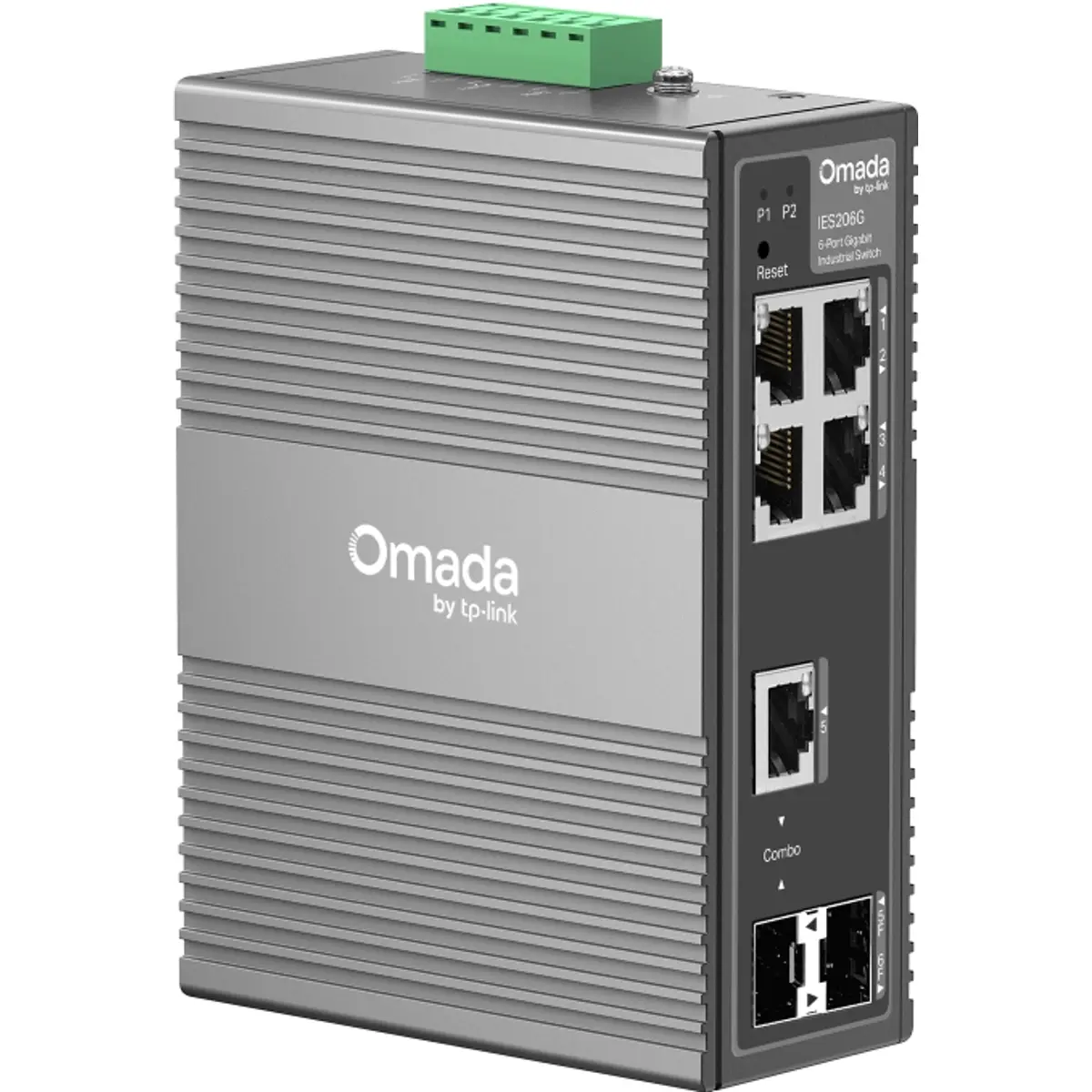 Switch industrial 6P (4× RJ45 / 1x SFP Combo / 1x SFP) Gigabit gerenciável p/ calha DIN ou parede
