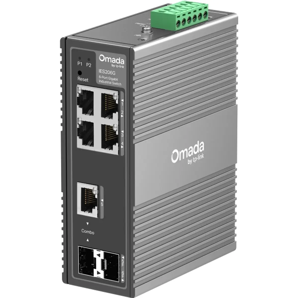 Switch industrial 6P (4× RJ45 / 1x SFP Combo / 1x SFP) Gigabit gerenciável p/ calha DIN ou parede
