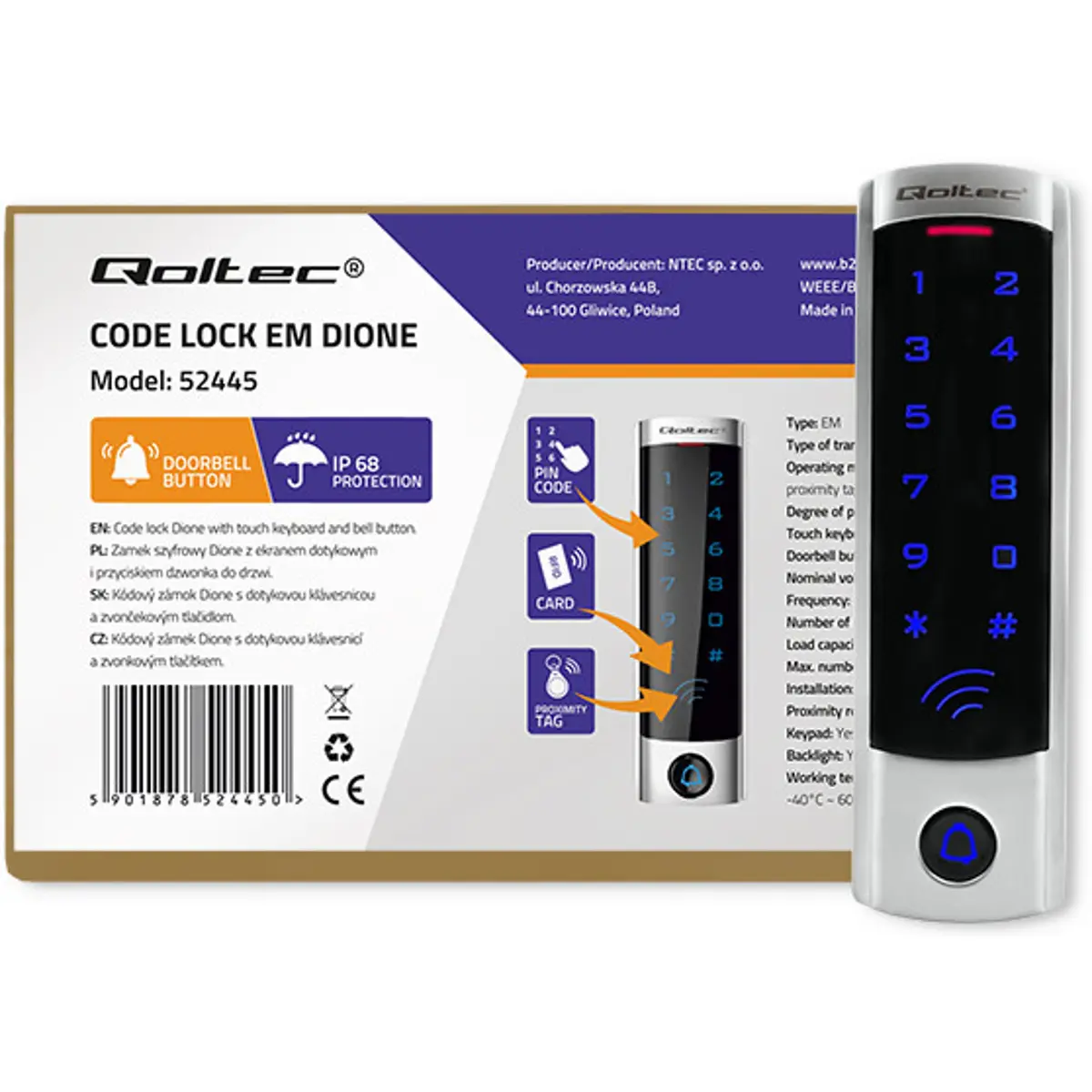 Fechadura eletrónica c/ RFID, PIN tátil e campainha - IP68