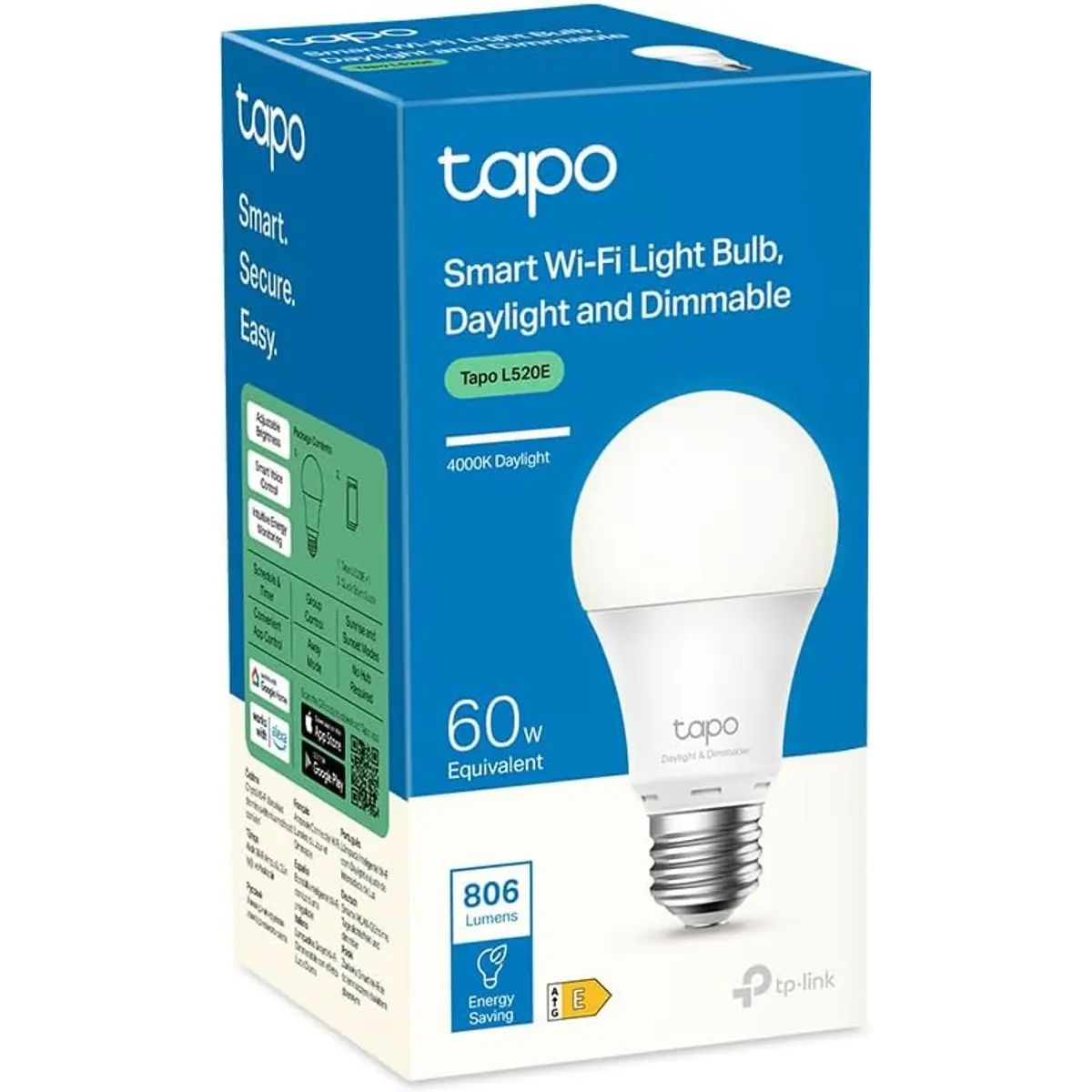 Lâmpada LED Smart WiFi E27 4000K 7.3W 806lm dimável
