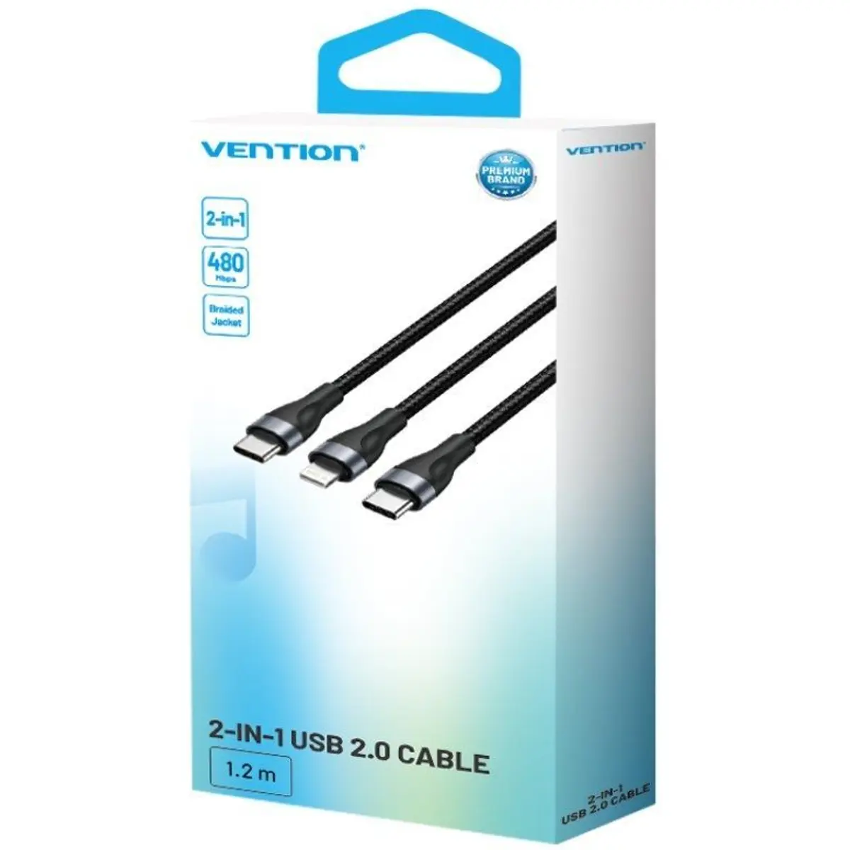 Cabo USB-C 2 em 1 - USB-C <-> Lightning / USB-C 60W 480Mbps 1.2m - preto