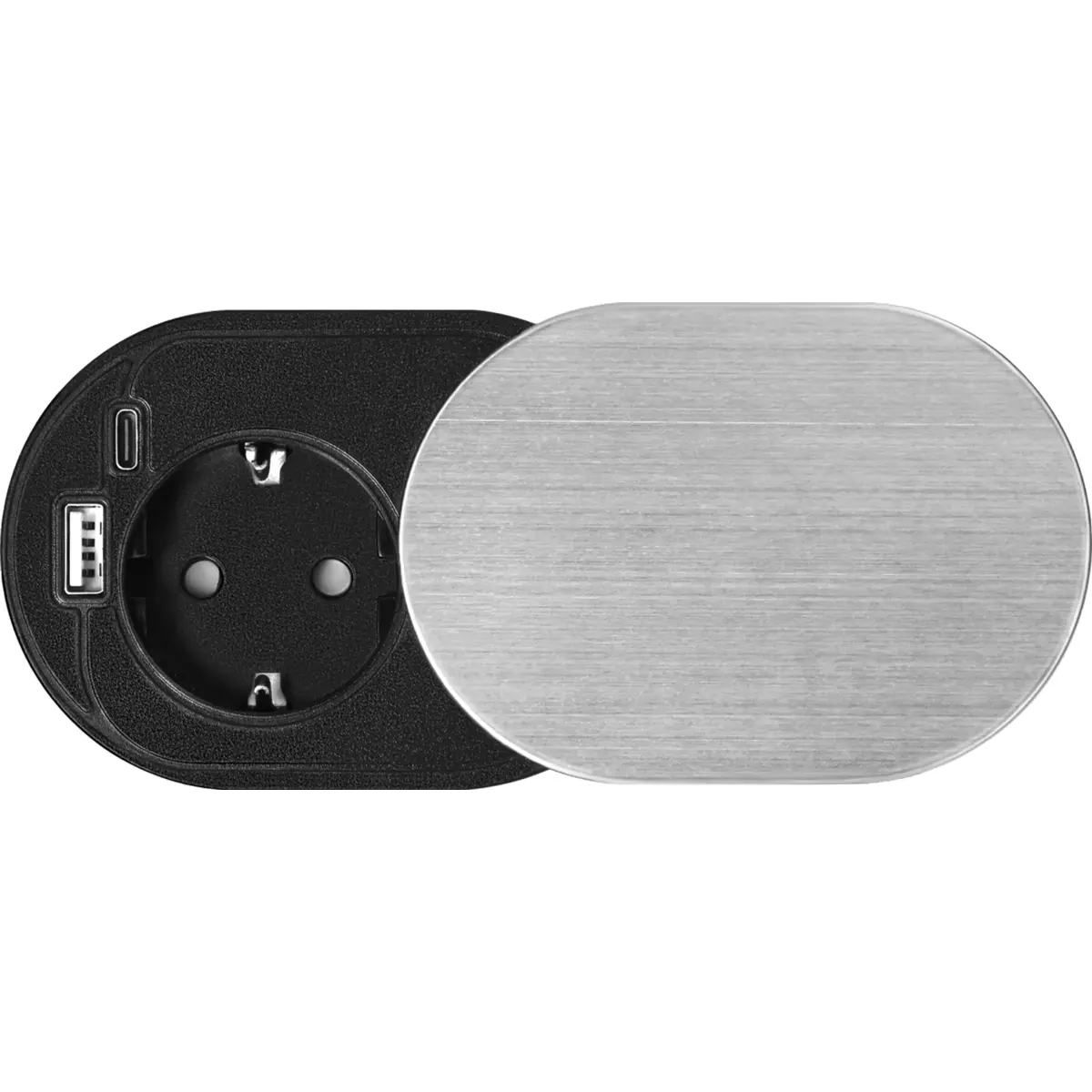 Bloco de tomadas de encastrar (Ø64mm) 1x Schuko + 1xUSB A + 1xUSB C - cabo de 1.9m - Prateado