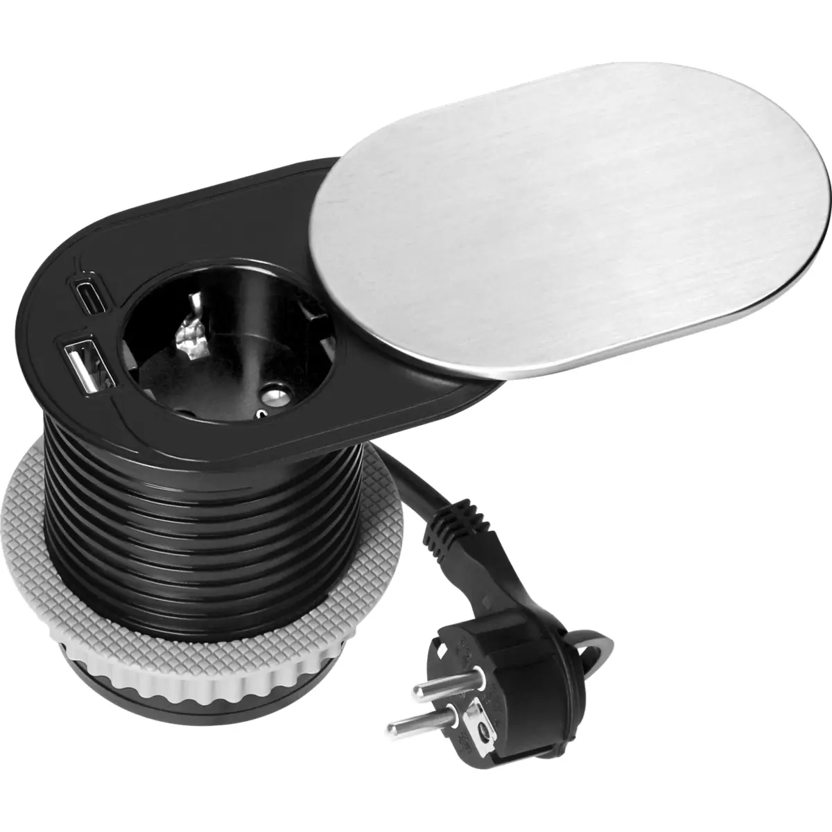 Bloco de tomadas de encastrar (Ø64mm) 1x Schuko + 1xUSB A + 1xUSB C - cabo de 1.9m - Prateado