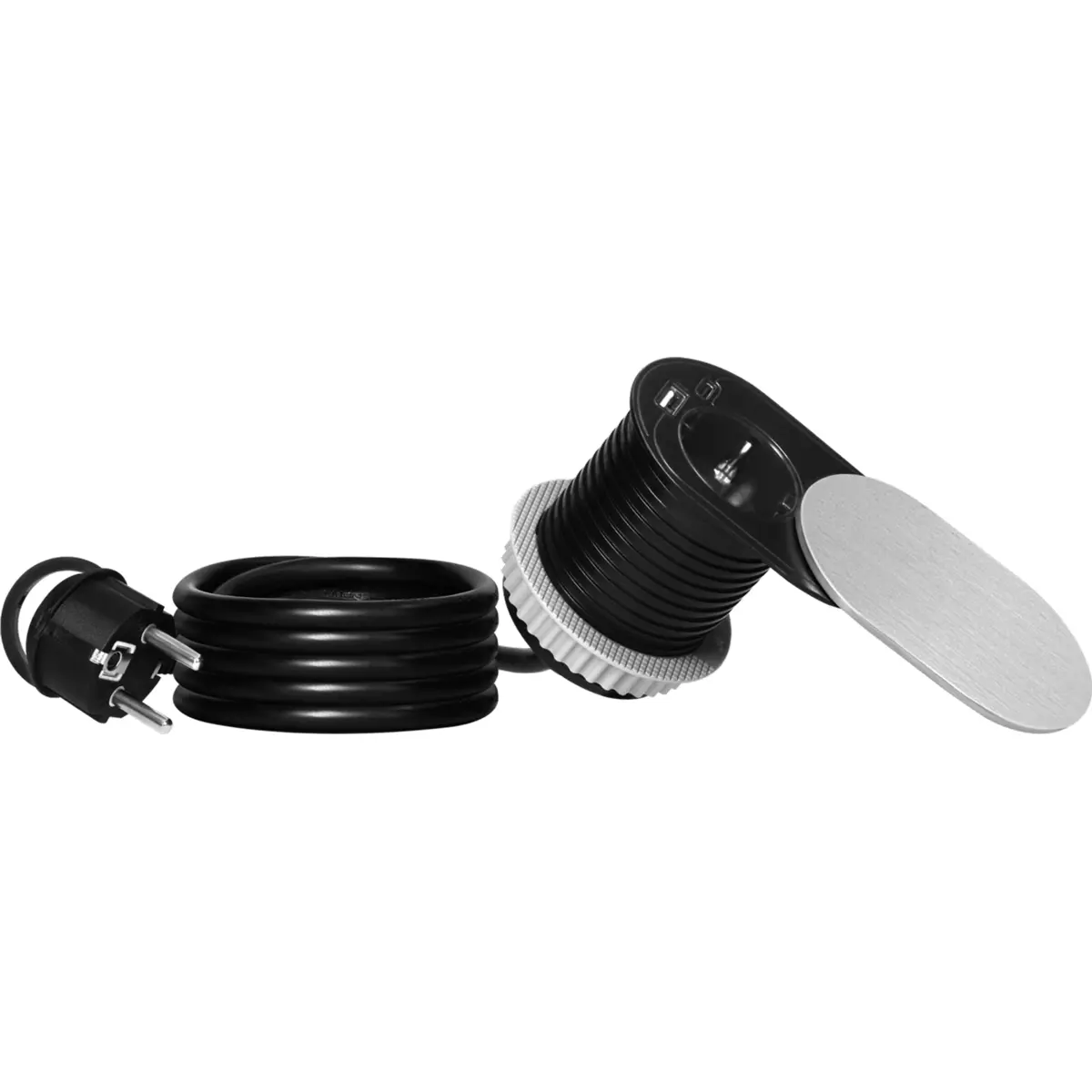 Bloco de tomadas de encastrar (Ø64mm) 1x Schuko + 1xUSB A + 1xUSB C - cabo de 1.9m - Prateado