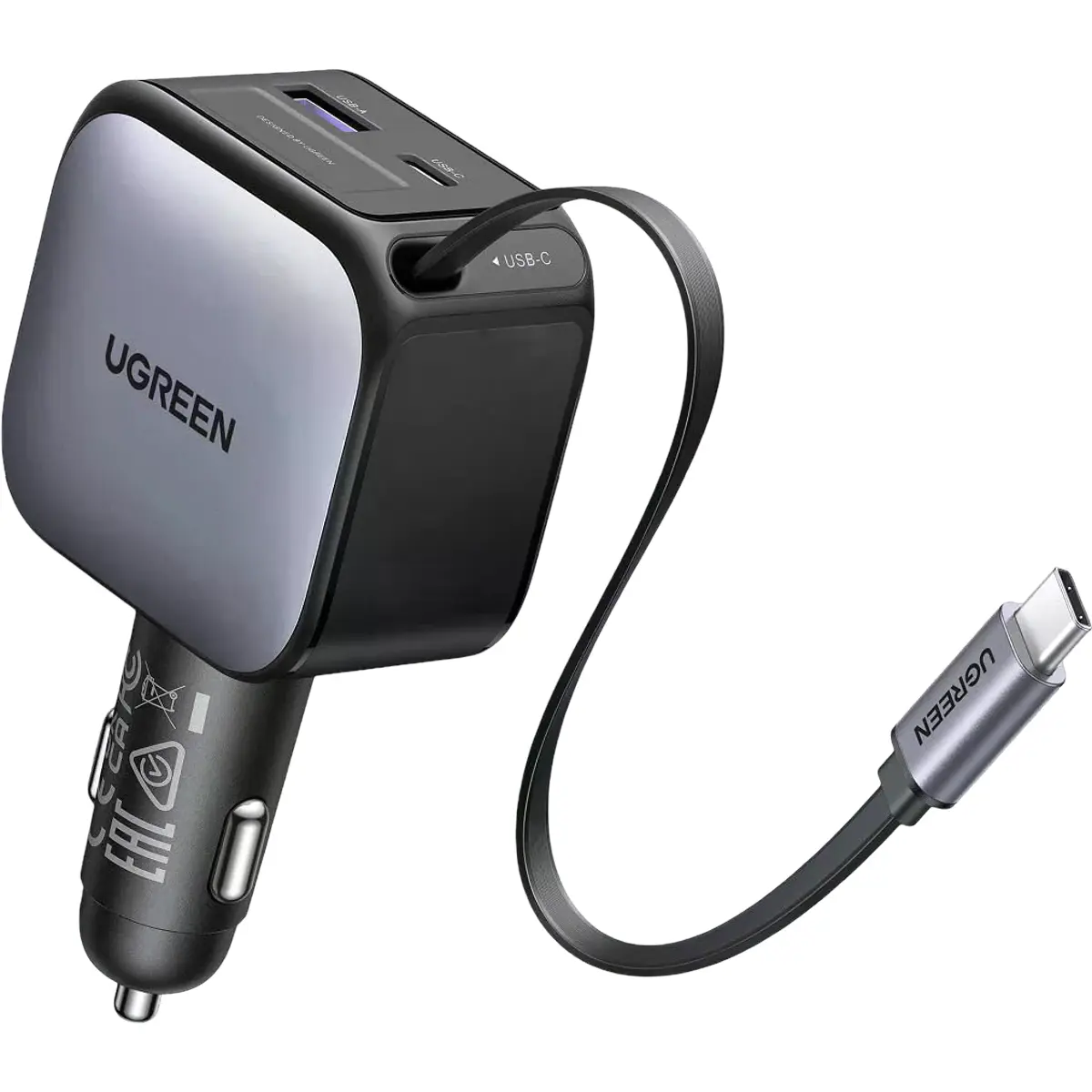 Carregador de isqueiro 60W PD + QC (USB-C + USB-A) c/ cabo USB-C retrátil