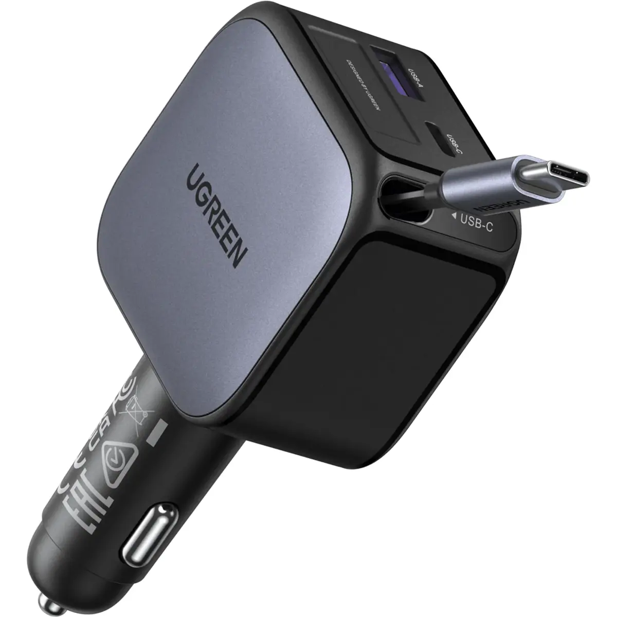 Carregador de isqueiro 60W PD + QC (USB-C + USB-A) c/ cabo USB-C retrátil