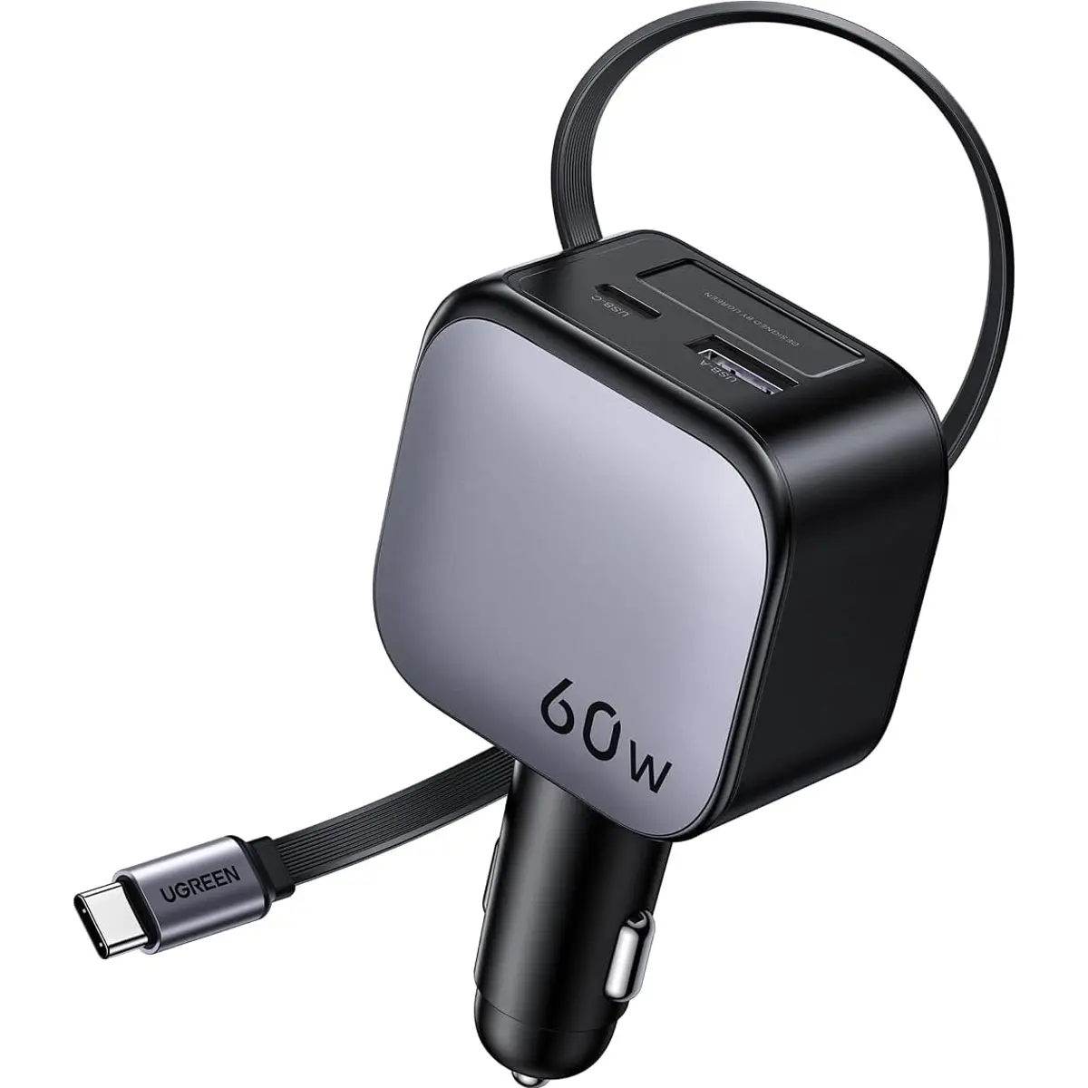 Carregador de isqueiro 60W PD + QC (USB-C + USB-A) c/ cabo USB-C retrátil