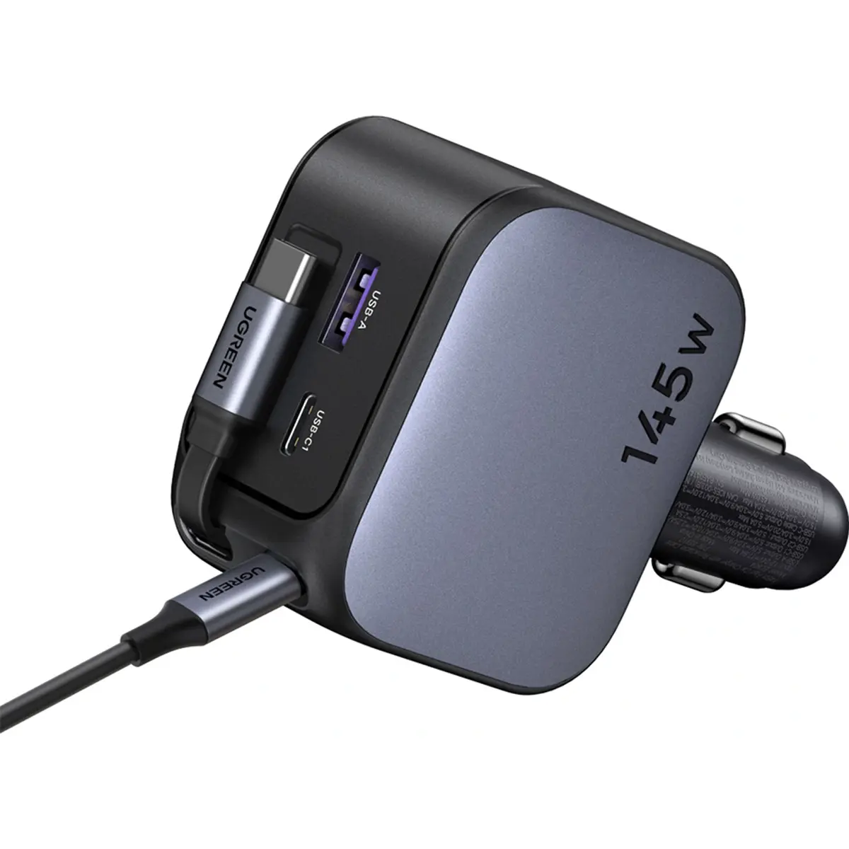 Cargador de mechero (12..24 VDC) GaN 145W con 2x USB-C + 1x USB-A + cable retráctil USB-C