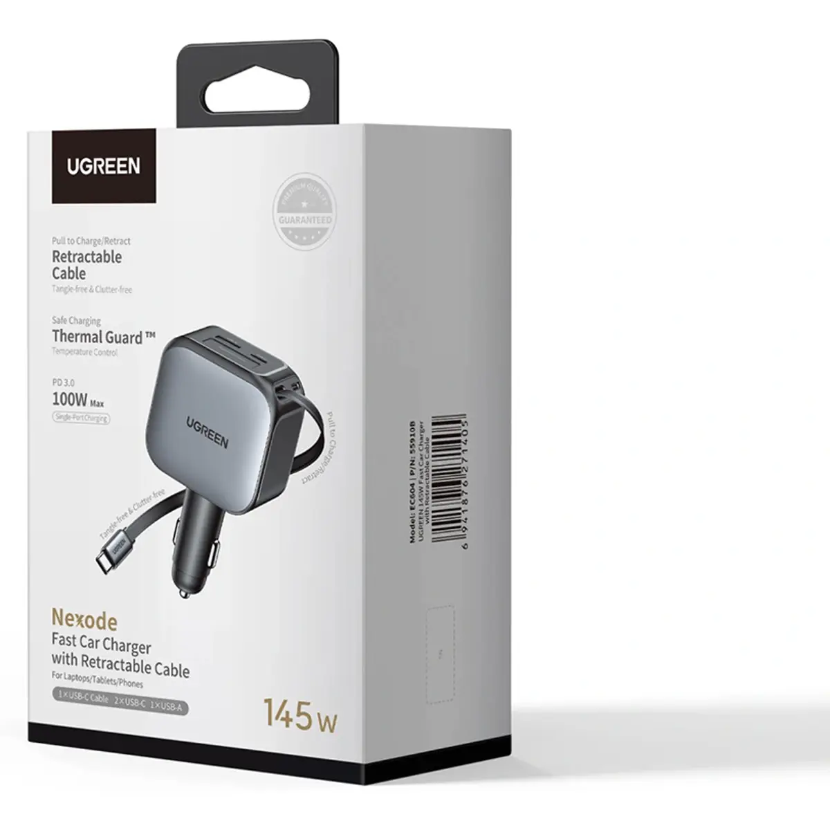Cargador de mechero (12..24 VDC) GaN 145W con 2x USB-C + 1x USB-A + cable retráctil USB-C