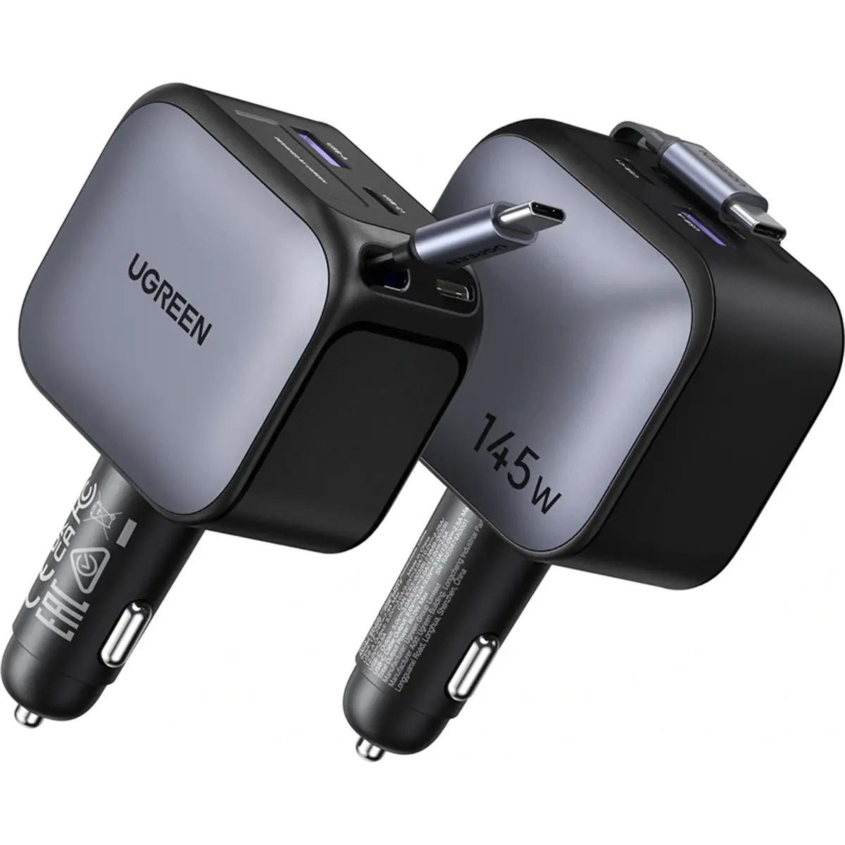 Cargador de mechero (12..24 VDC) GaN 145W con 2x USB-C + 1x USB-A + cable retráctil USB-C