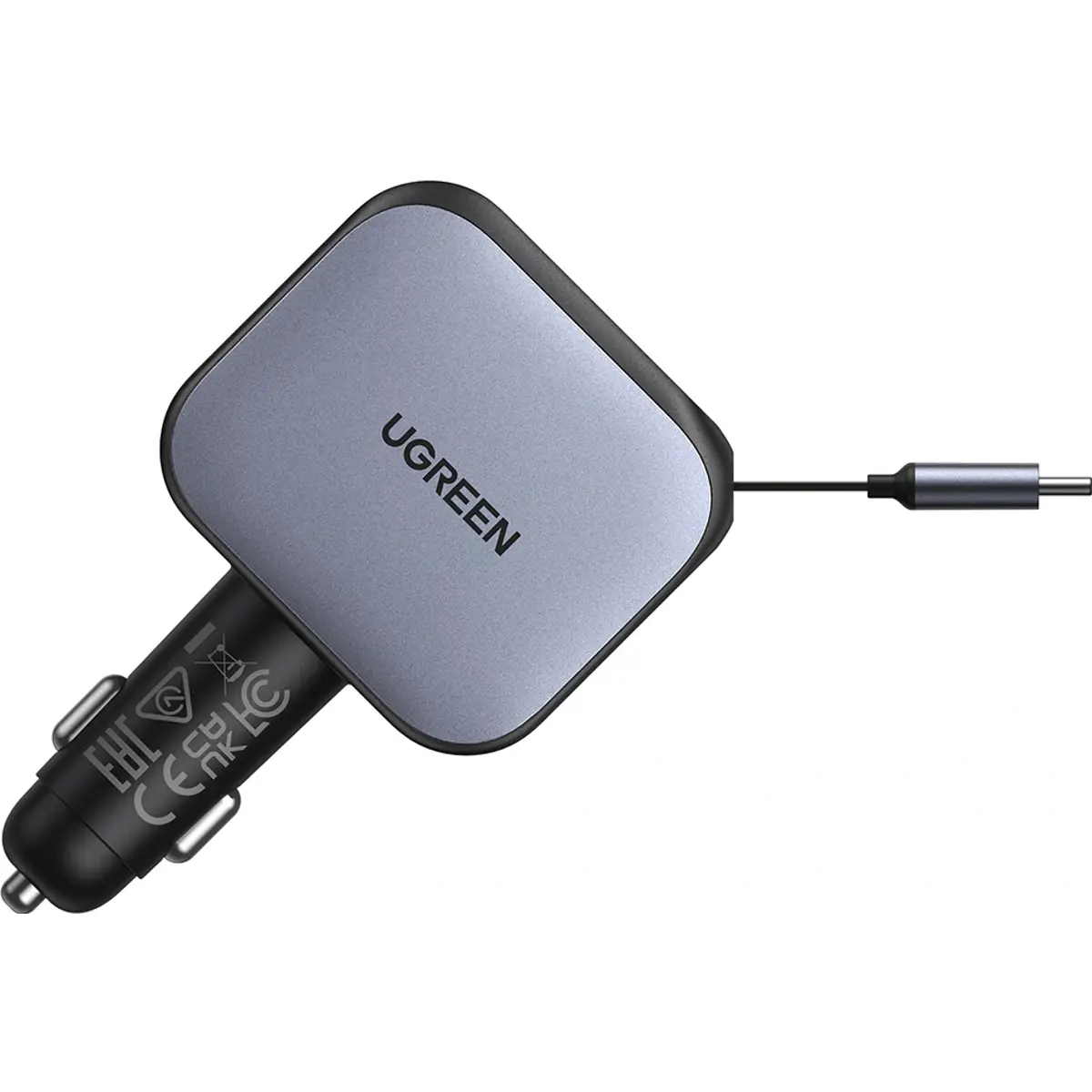 Cargador de mechero (12..24 VDC) GaN 145W con 2x USB-C + 1x USB-A + cable retráctil USB-C