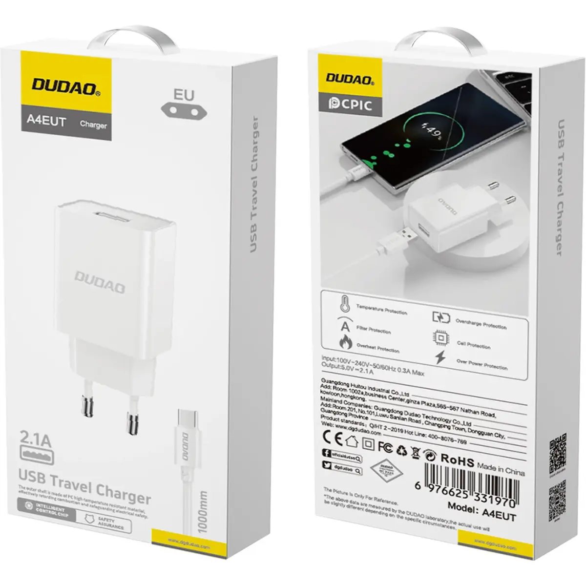 Carregador USB-A 2.1A 10W + cabo USB-A <-> USB-C - branco