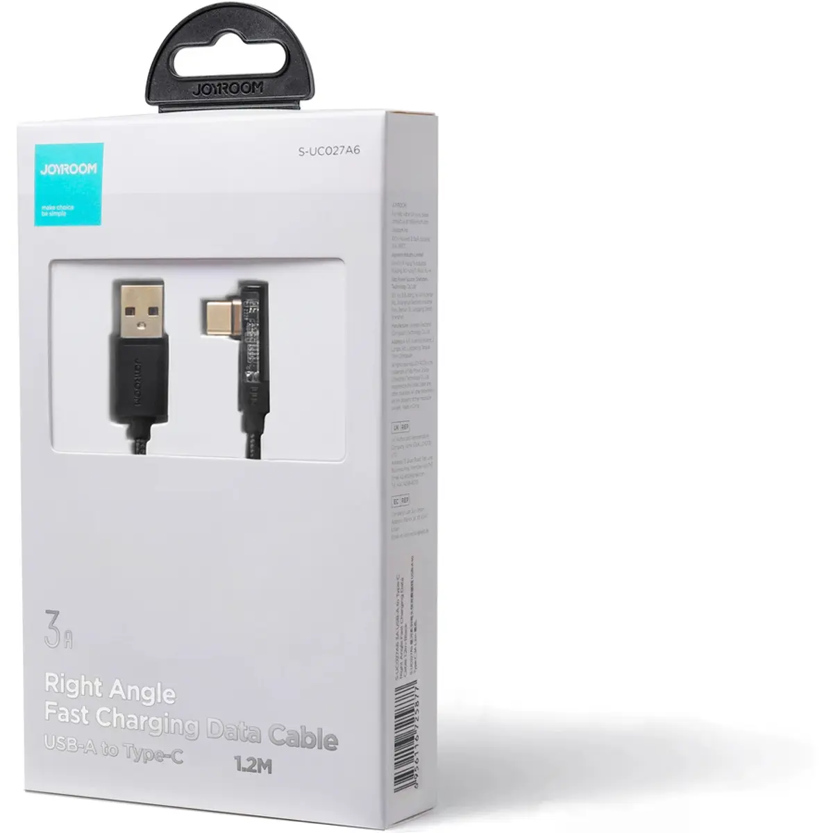 Cabo USB-A <-> USB-C 90º PD/QC 3A - 1.2m - preto