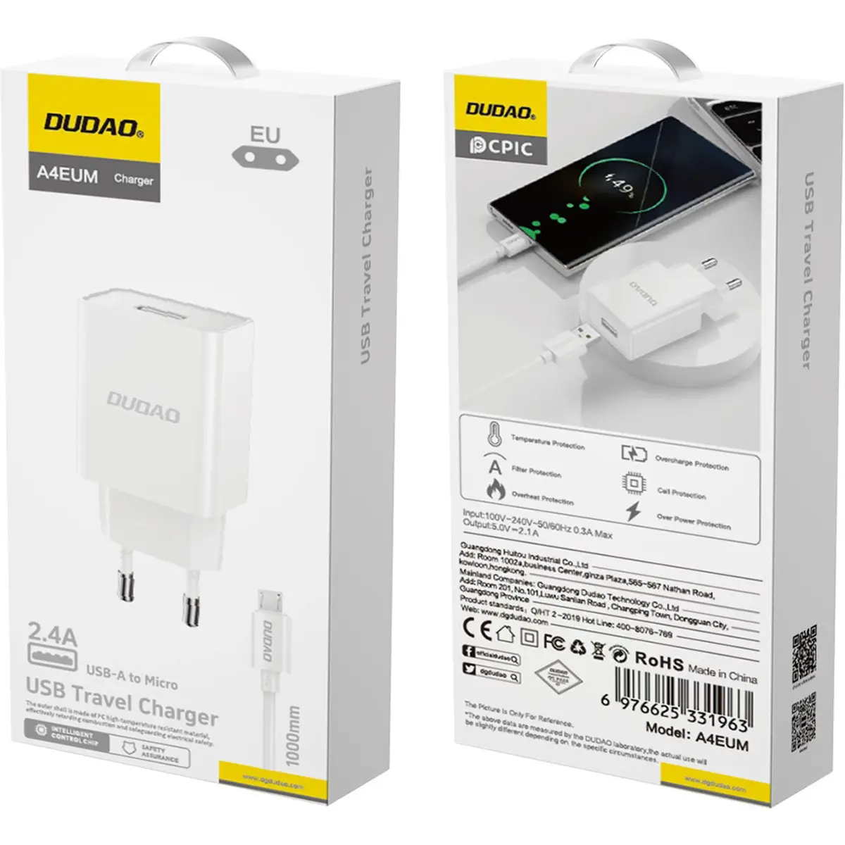 Carregador USB-A 2.1A 10W + cabo USB-A <-> micro-USB - branco