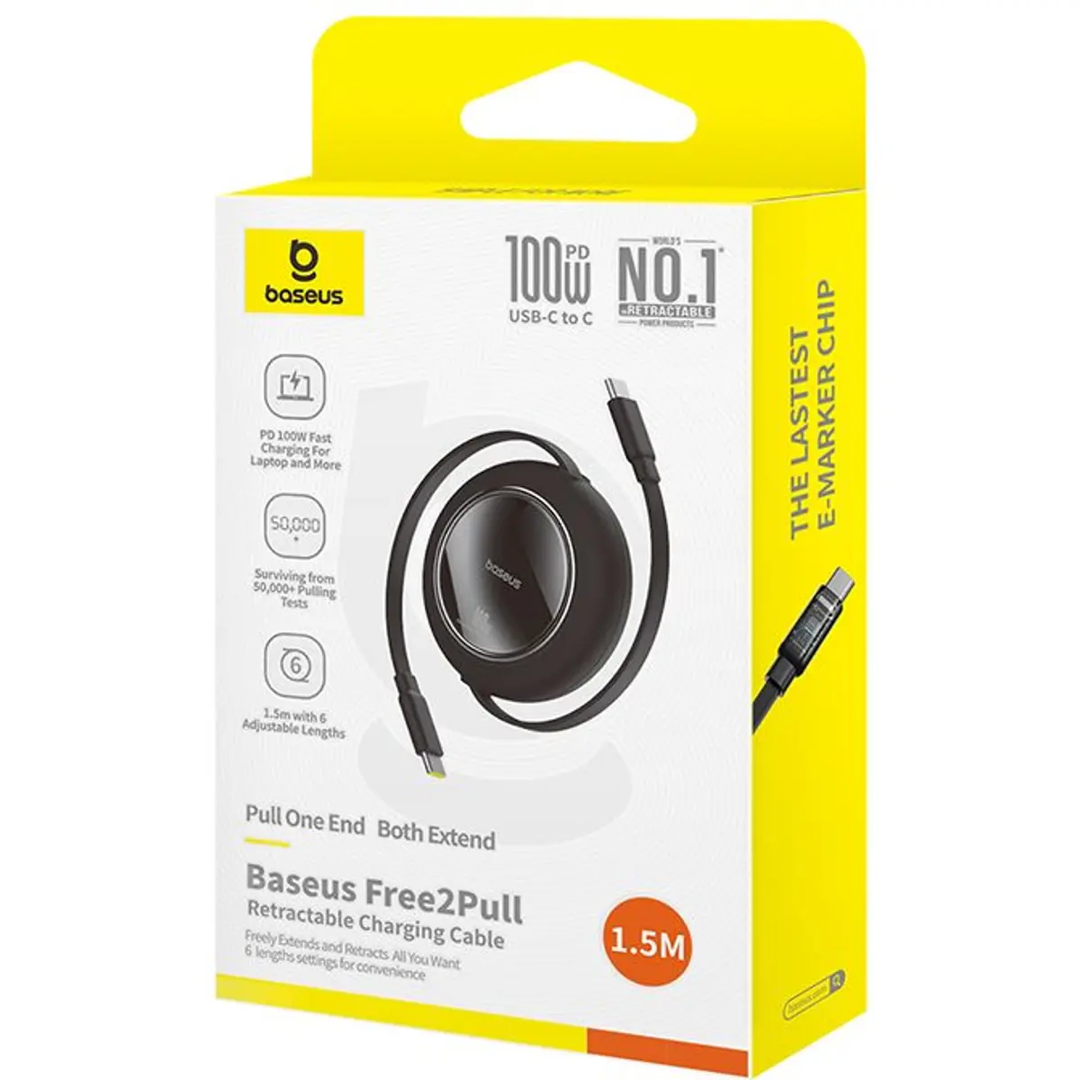 Cabo retráctil USB-C macho <-> USB-C macho 100W PD - preto - 1.5m