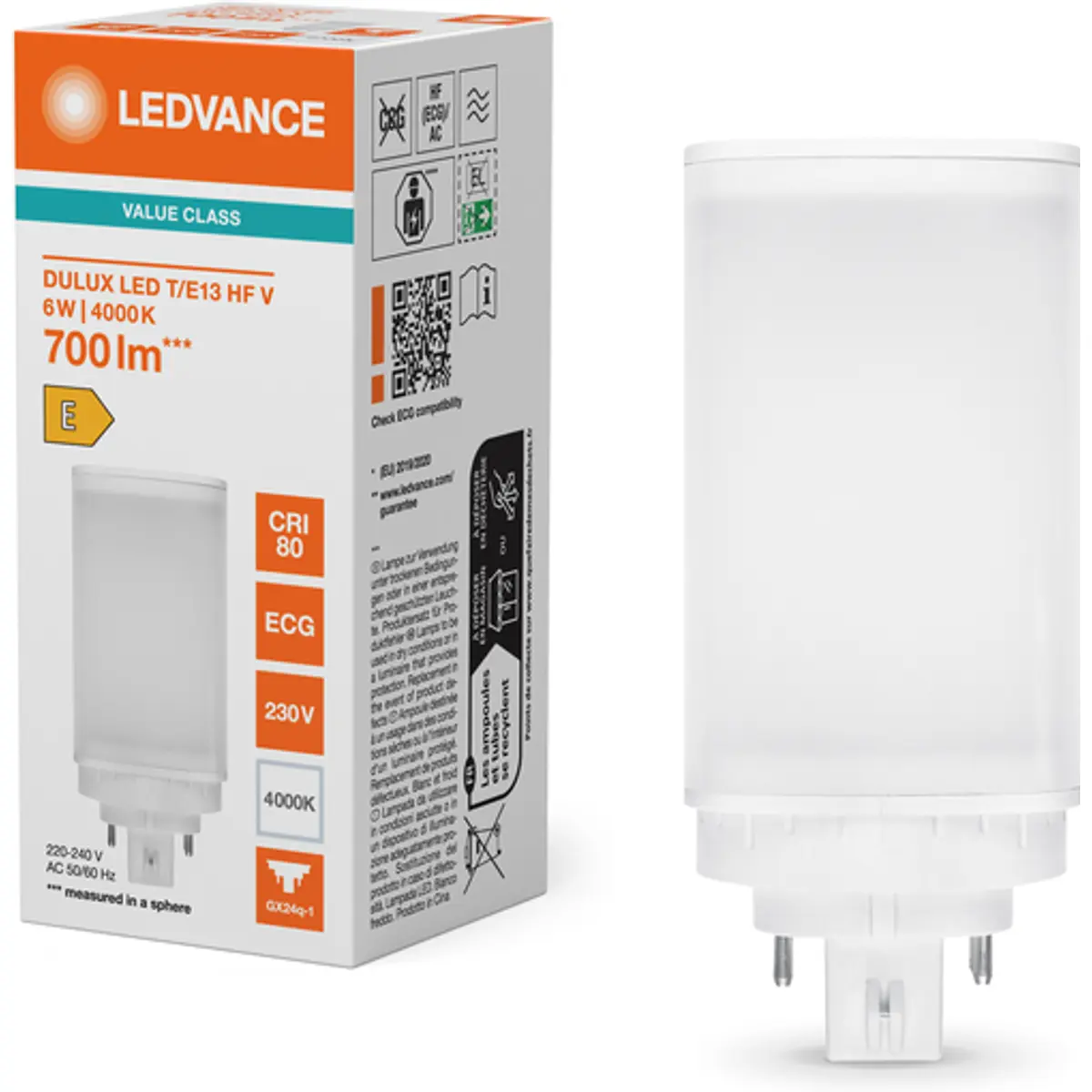 Lâmpada LED tipo PL GX24Q-1 4 pinos 6W (=13W/840) 700lm 4000K (branco neutro)