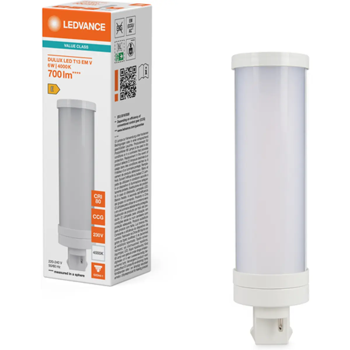 Lâmpada led tipo PL GX24d-1 2 pinos 6W (=13W/840) 700lm 4000K (branco neutro)