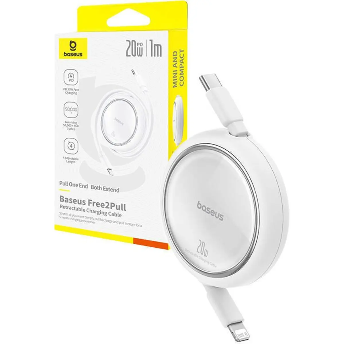 Cabo retrátil USB-C macho <-> Lightning 20W PD - 1 m - branco