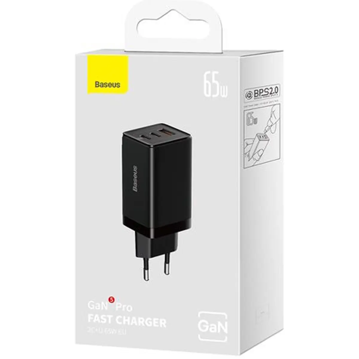 Carregador GaN 65W PD + QC (2x USB-C + USB-A)