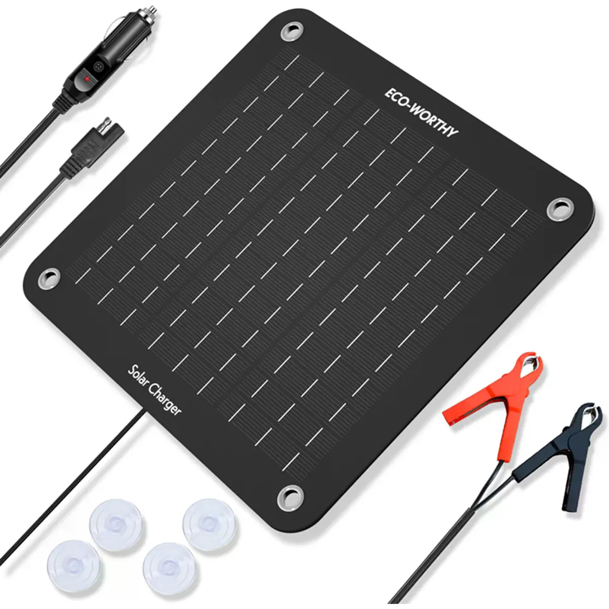 Painel solar 10W p/ baterias de 12V c/ garras crocodilo, carregador isqueiro e ventosas