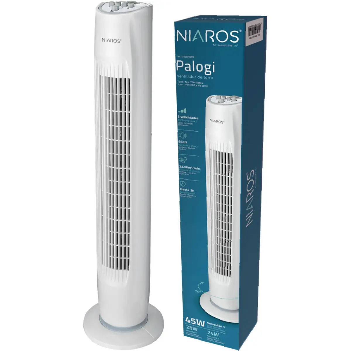 Ventilador c/ 3 velocidades, oscilação 70º e temporizador - 45W - Branco