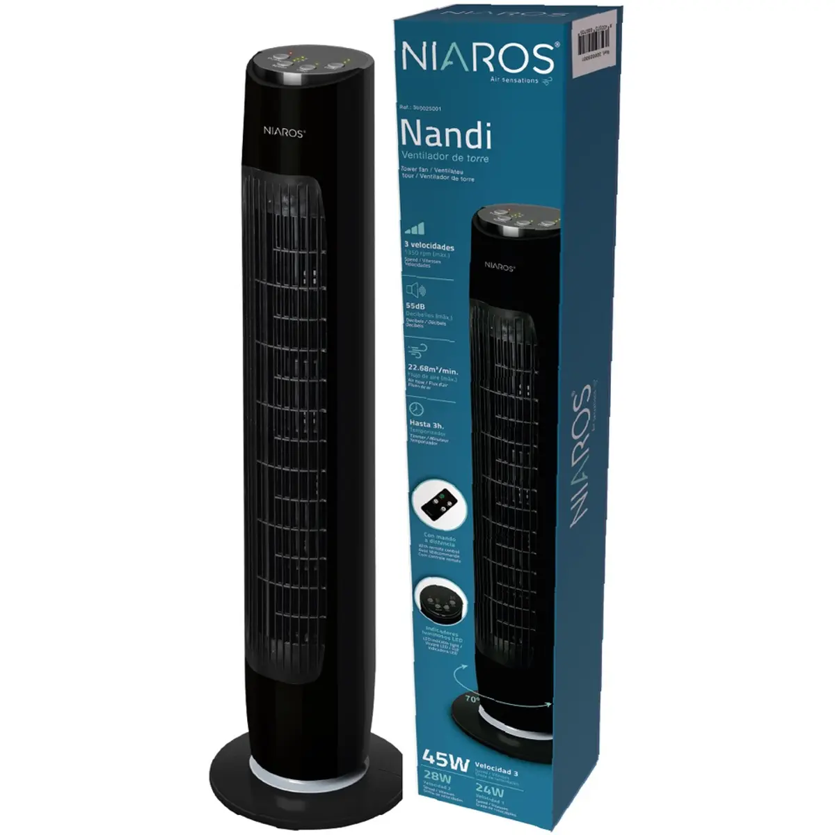 Ventilador c/ 3 velocidades, controlo remoto, temporizador e oscilação 70º - 45W - Preto