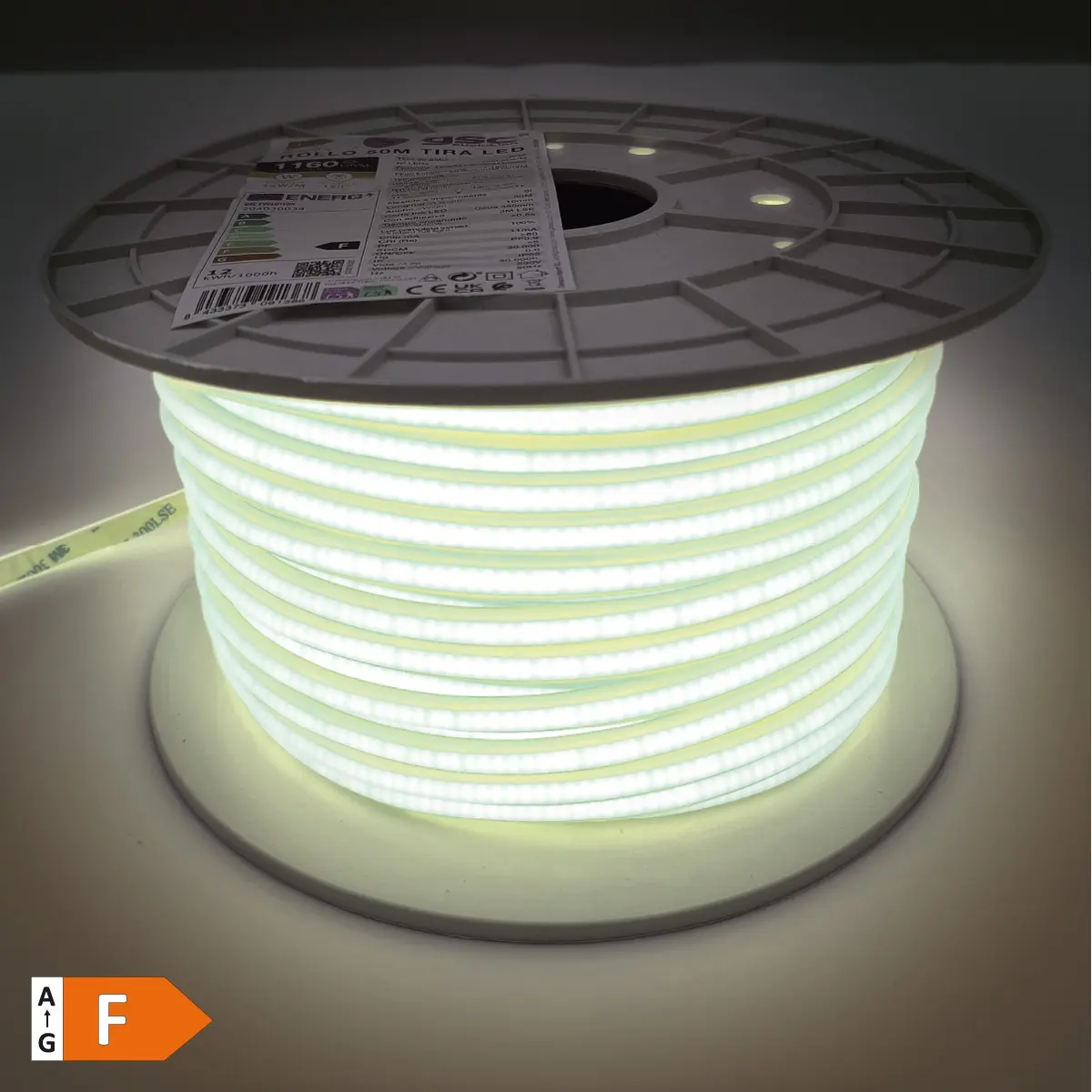 Fita LED COB 6000K (branco frio) 230Vac 12W/m dimável - IP65 - rolo 50m