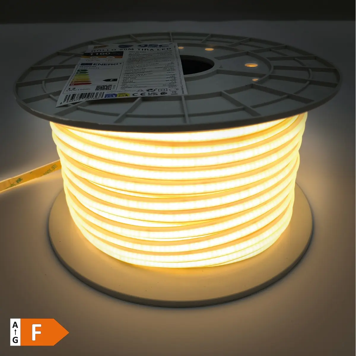 Fita LED COB 3000K (branco quente) 230Vac 12W/m dimável - IP65 - rolo 50m