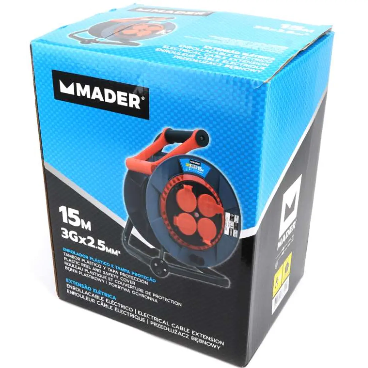 Extensão elétrica (3G2.5mm²) c/ enrolador + pega extensível + 4 tomadas + disjuntor - IP44 - 15m