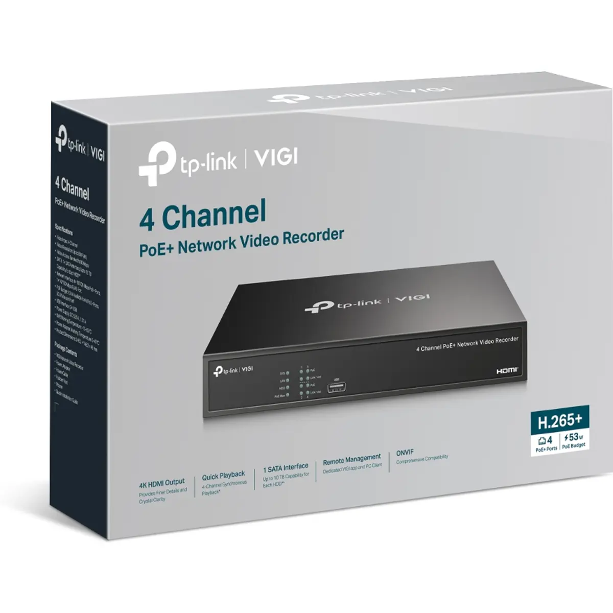 Gravador vídeo NVR 4x PoE para câmaras IP c/ HDD 2TB - 4 canais