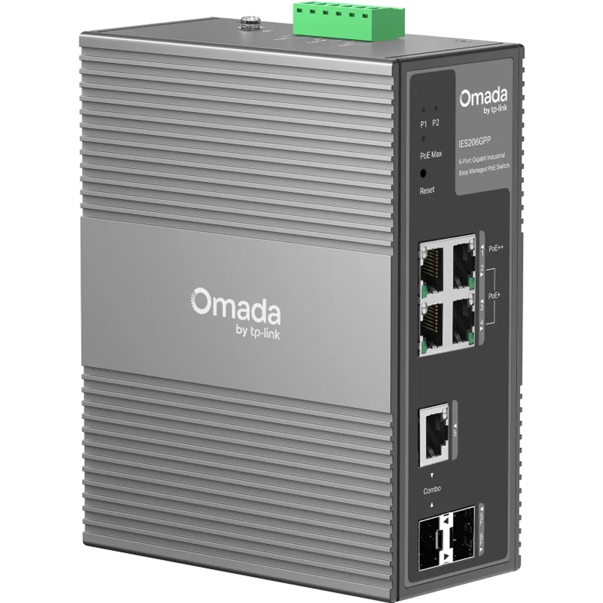 Switch industrial 6P (1x PoE++ / 3x PoE+ / 2x SFP Combo) Gigabit gerenciável p/ calha DIN ou parede